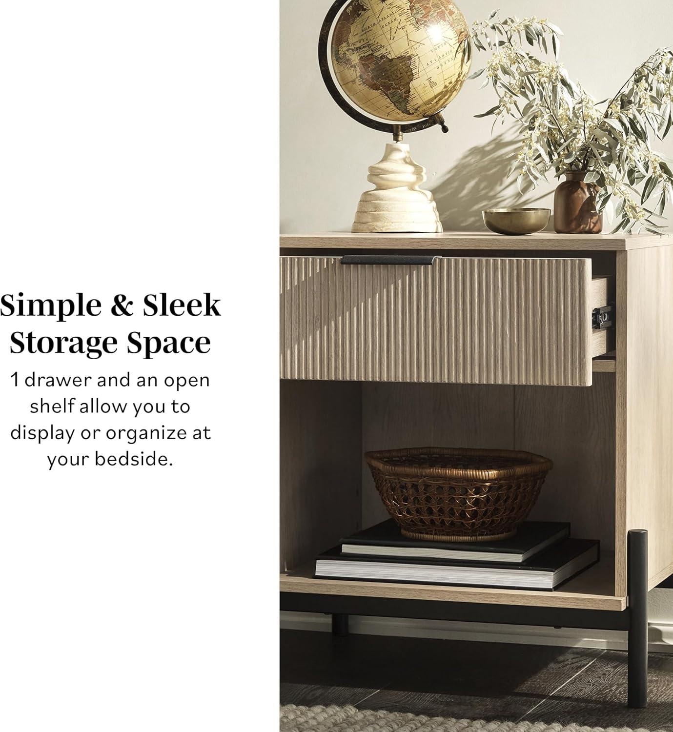 imageWalker Edison Paris Modern ReededDrawer Nightstand with Open Storage 24 Inch BlackCoastal Oak