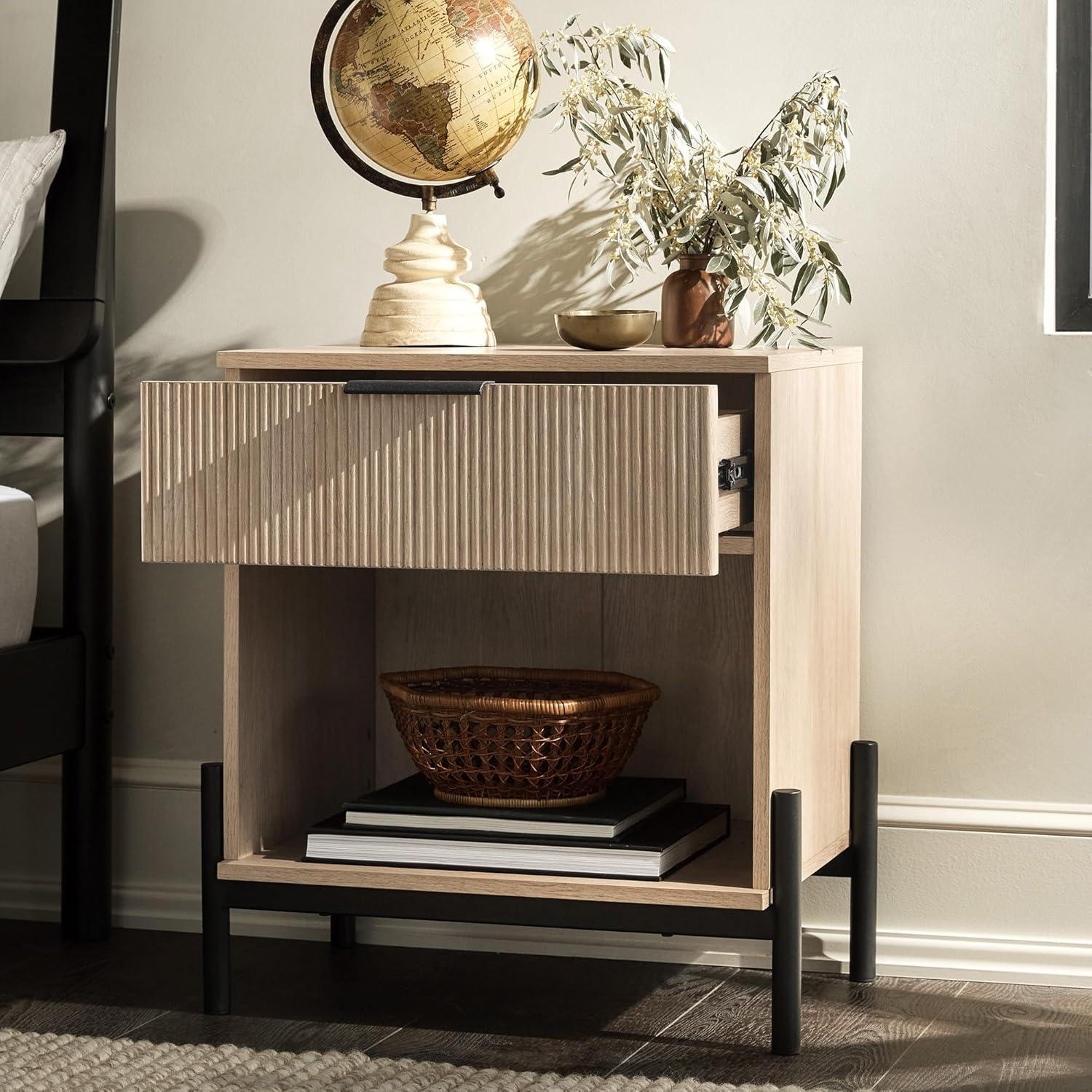 imageWalker Edison Paris Modern ReededDrawer Nightstand with Open Storage 24 Inch BlackCoastal Oak