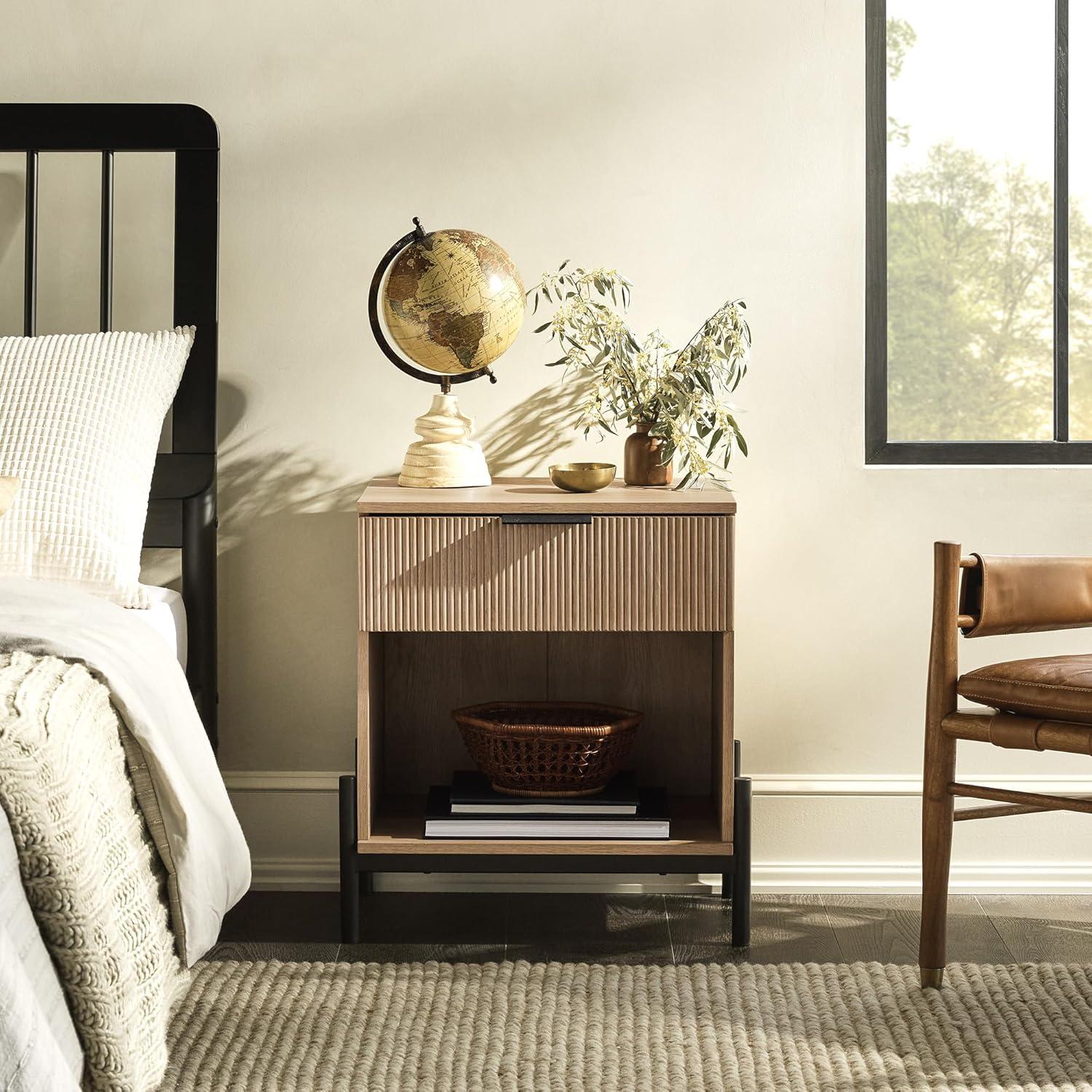 imageWalker Edison Paris Modern ReededDrawer Nightstand with Open Storage 24 Inch BlackCoastal Oak