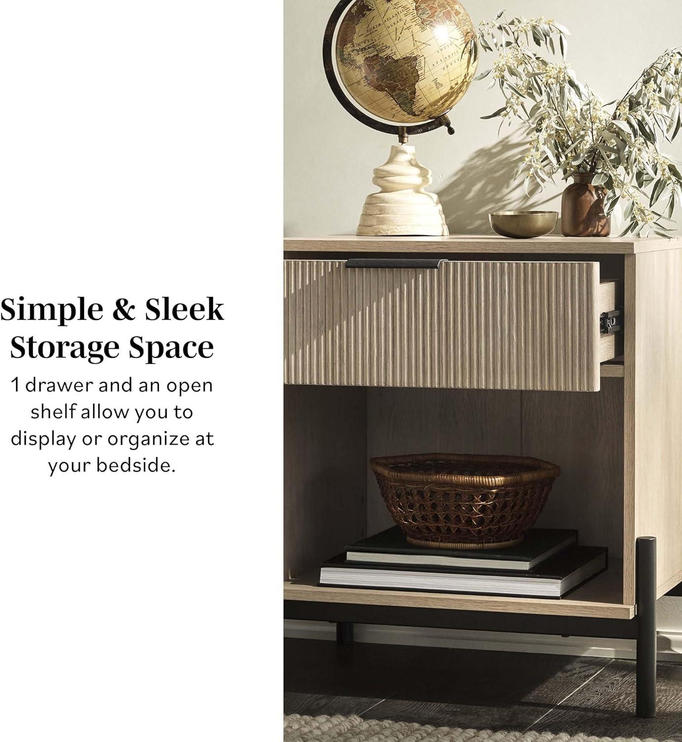 imageWalker Edison Paris Modern ReededDrawer Nightstand with Open Storage 24 Inch BlackCoastal Oak