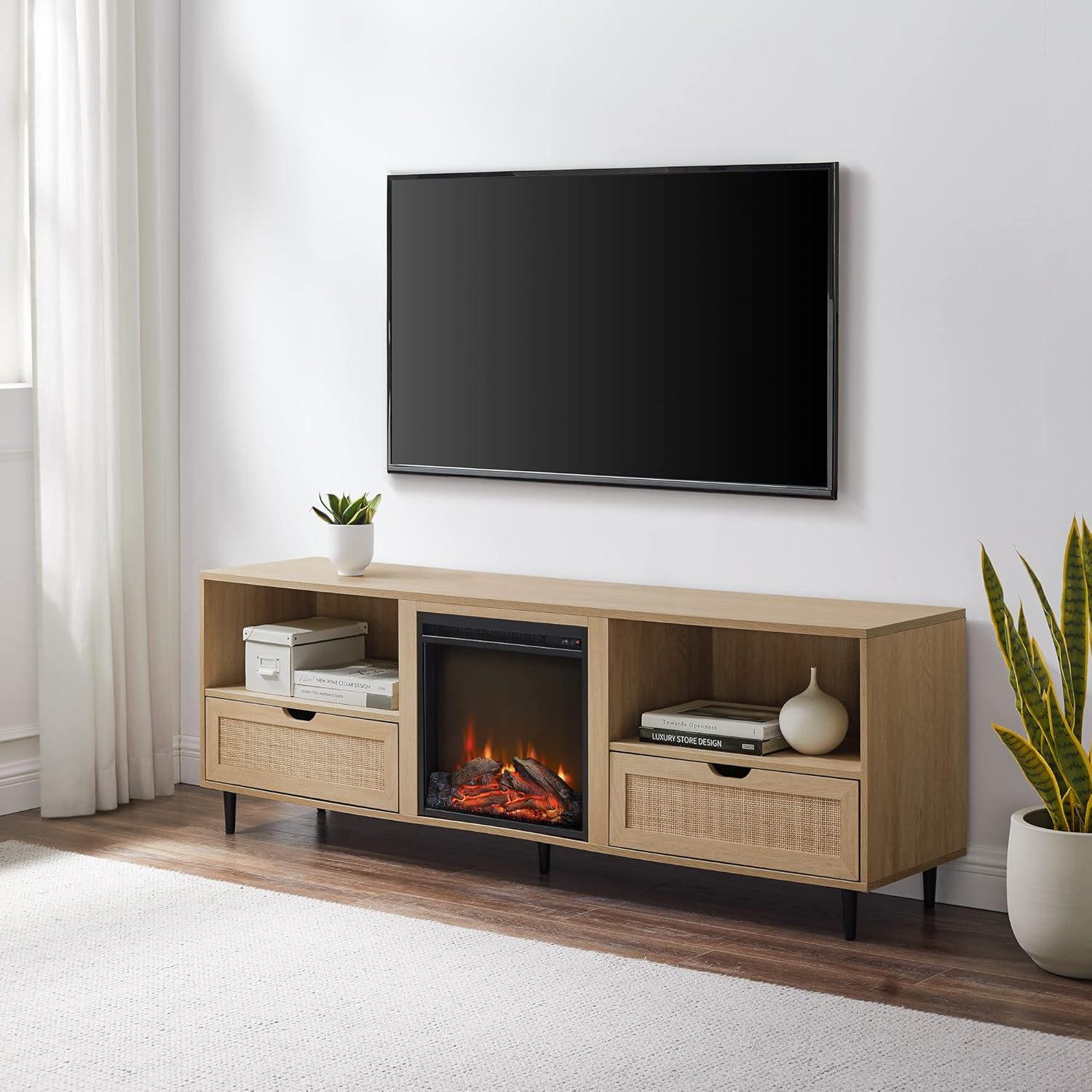 imageWalker Edison Payton Coastal RattanDrawer Fireplace TV Stand for TVs up to 75 Inches 70 Inch Coastal OakCoastal Oak