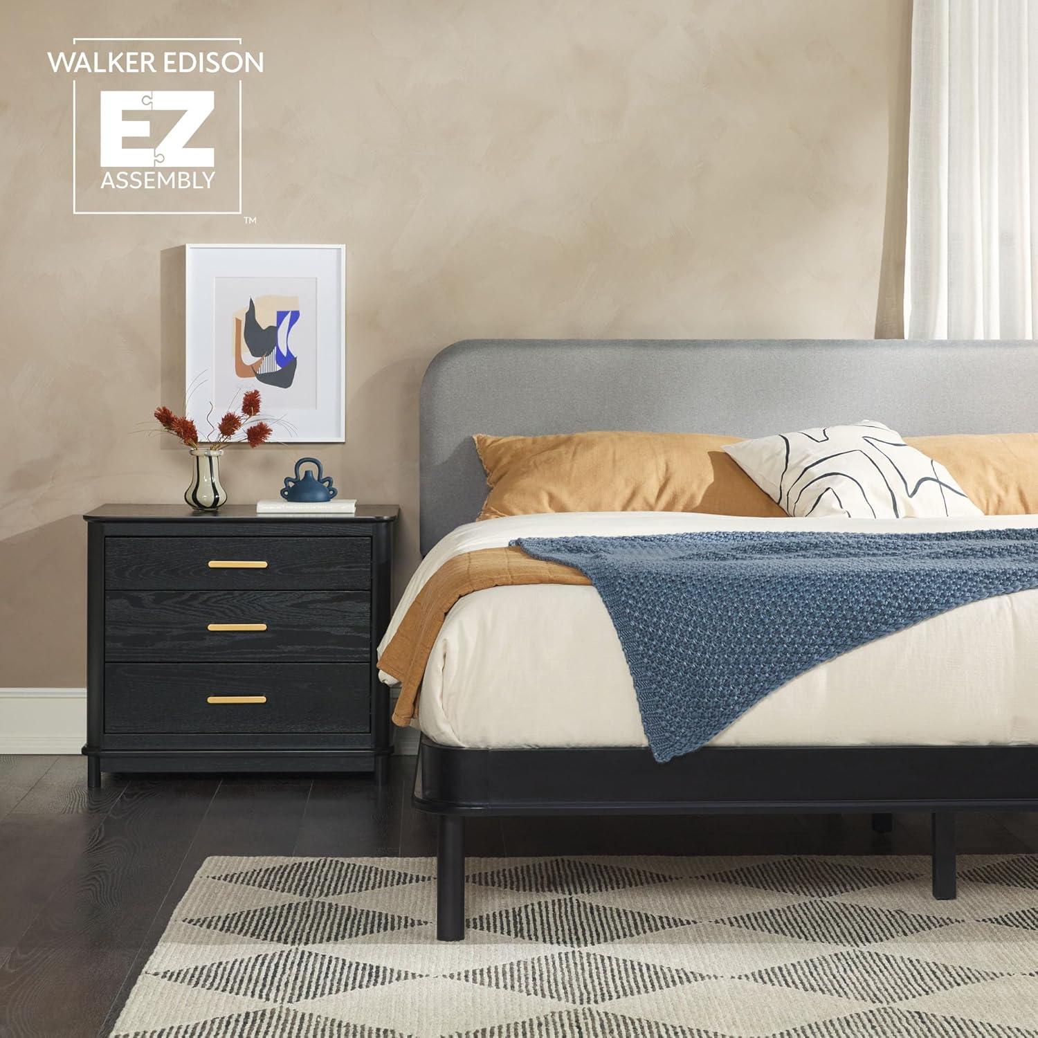 imageWalker Edison Queen Contemporary Solid Wood Bed Curved Upholstered Headboard Platform Bed No Box Spring Required Queen Size English OakGreyBlack