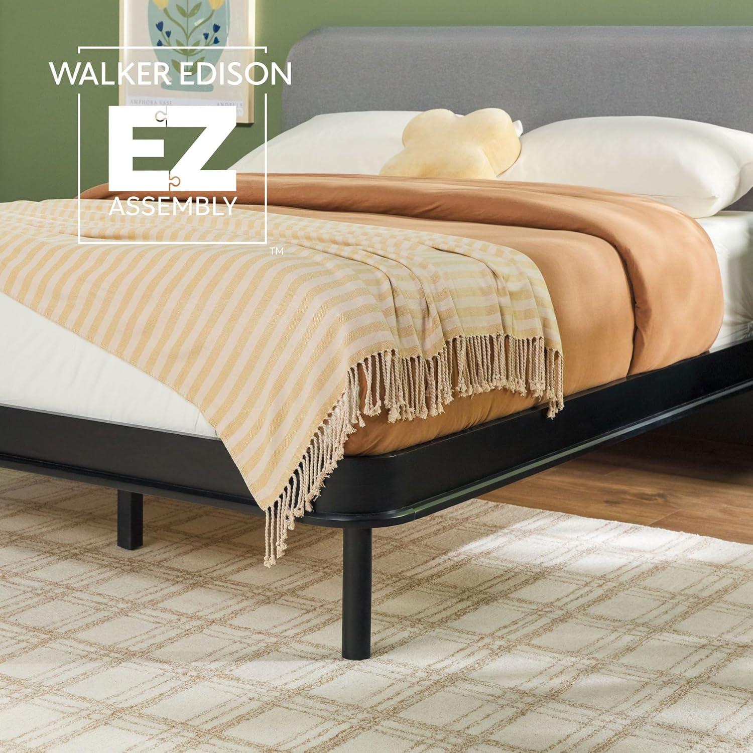 imageWalker Edison Queen Contemporary Solid Wood Bed Curved Upholstered Headboard Platform Bed No Box Spring Required Queen Size English OakGreyBlack