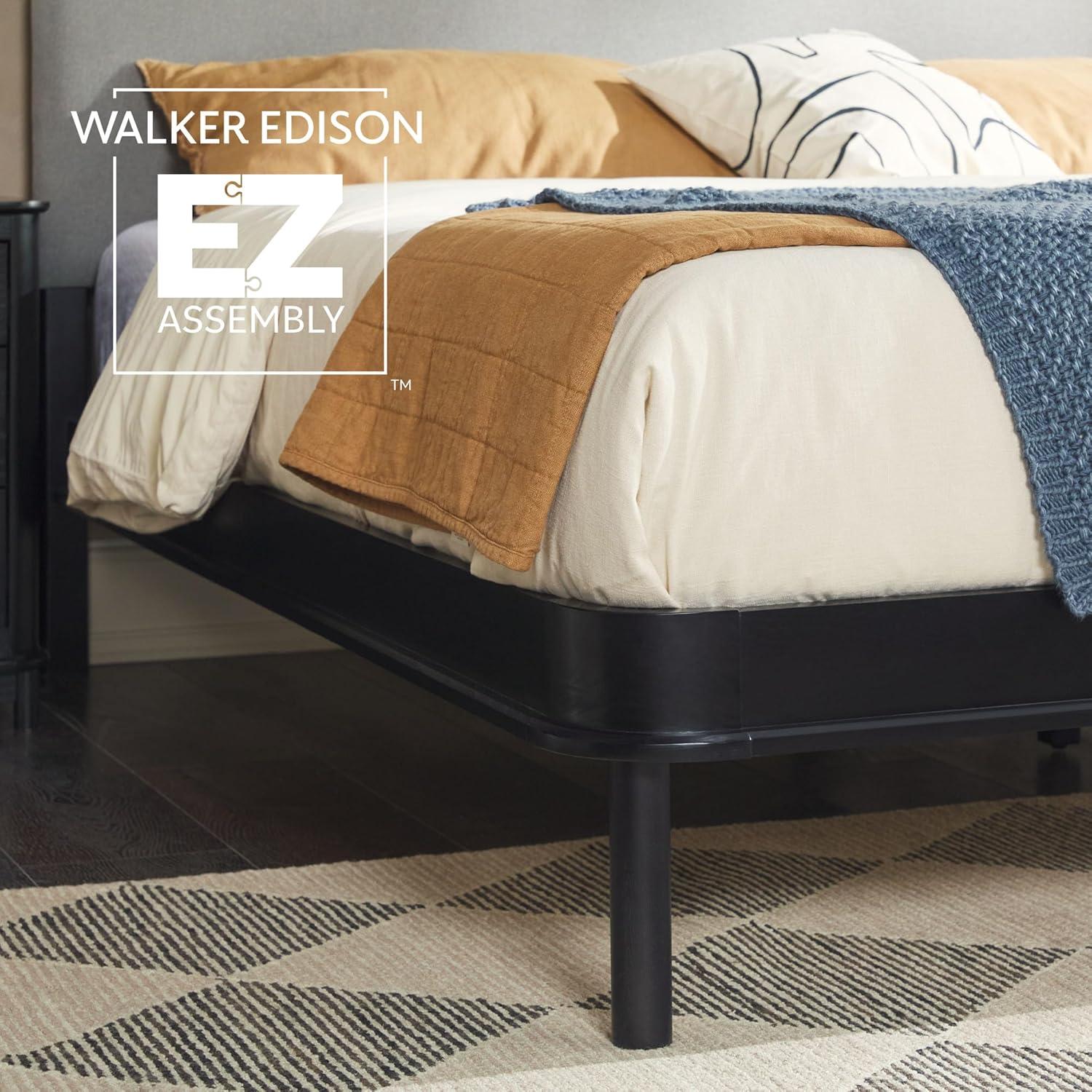 imageWalker Edison Queen Contemporary Solid Wood Bed Curved Upholstered Headboard Platform Bed No Box Spring Required Queen Size English OakGreyBlack