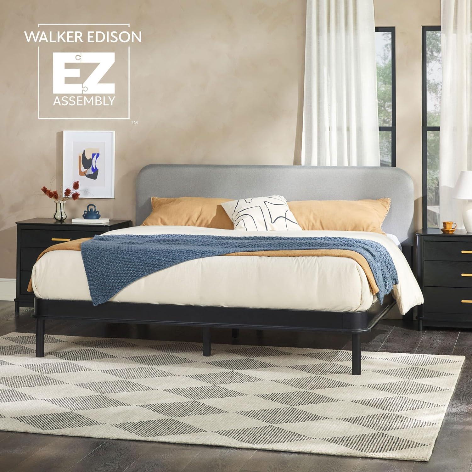 imageWalker Edison Queen Contemporary Solid Wood Bed Curved Upholstered Headboard Platform Bed No Box Spring Required Queen Size English OakGreyBlack