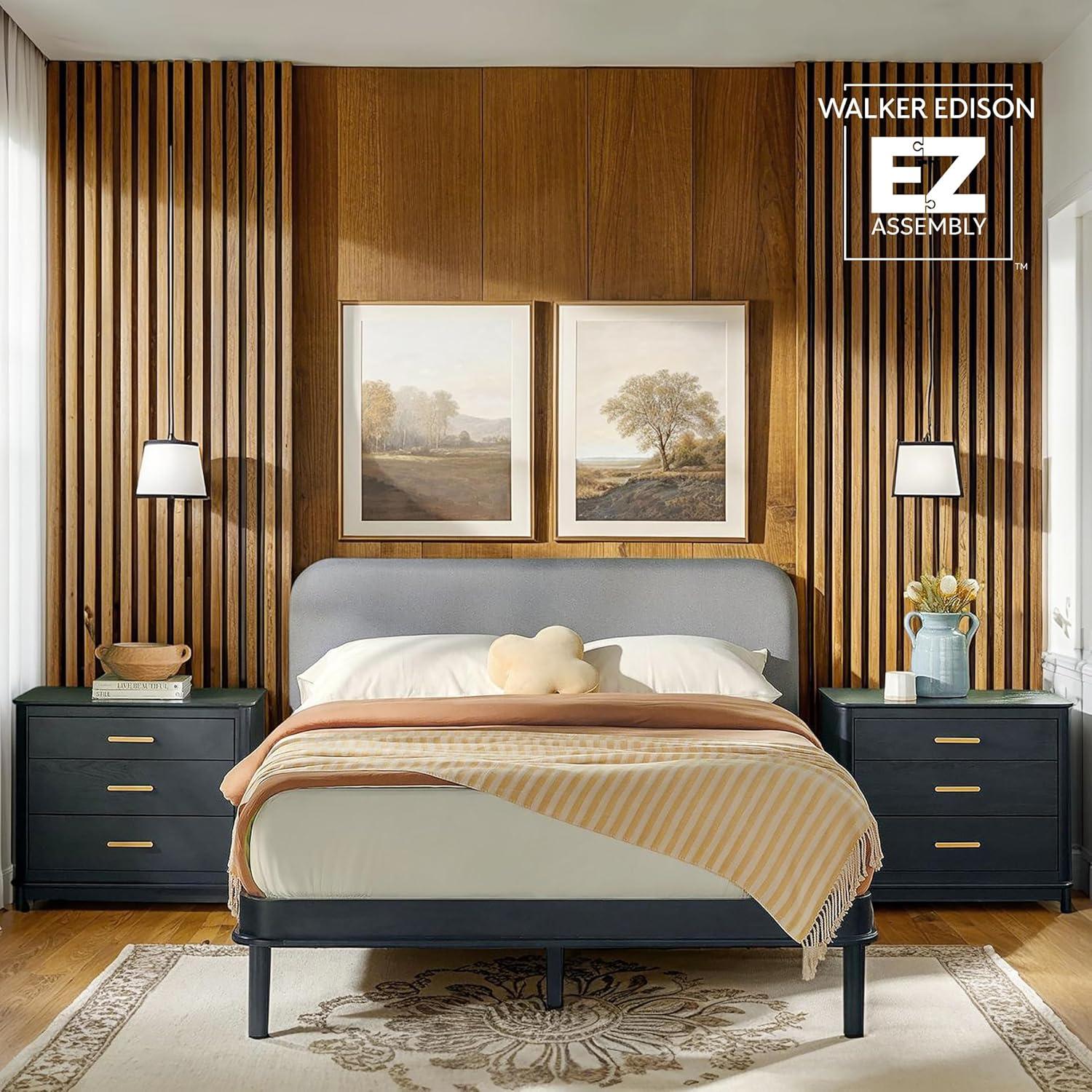 imageWalker Edison Queen Contemporary Solid Wood Bed Curved Upholstered Headboard Platform Bed No Box Spring Required Queen Size English OakGreyBlack