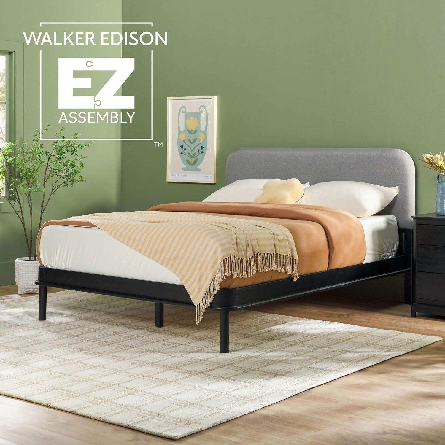 imageWalker Edison Queen Contemporary Solid Wood Bed Curved Upholstered Headboard Platform Bed No Box Spring Required Queen Size English OakGreyBlack