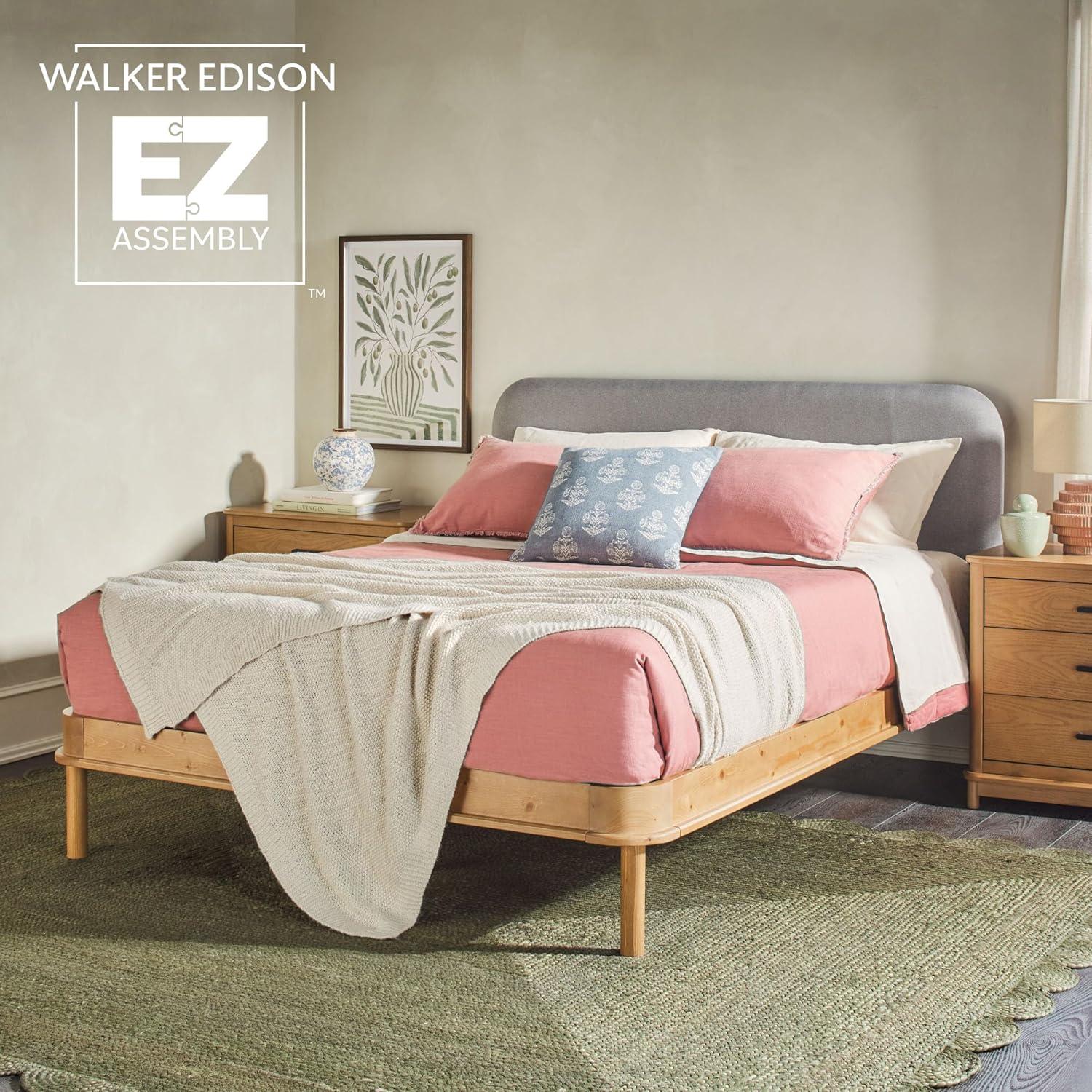 imageWalker Edison Queen Contemporary Solid Wood Bed Curved Upholstered Headboard Platform Bed No Box Spring Required Queen Size English OakGreyEnglish Oak