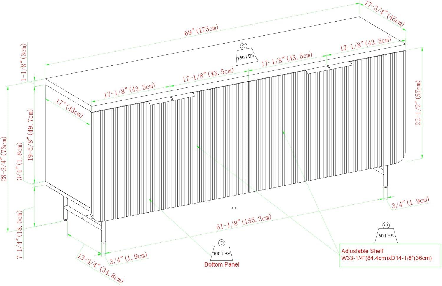 imageWalker Edison Reema Fluted 4Door Kitchen Sideboard Buffet Console 69 Inch Coastal OakBlack