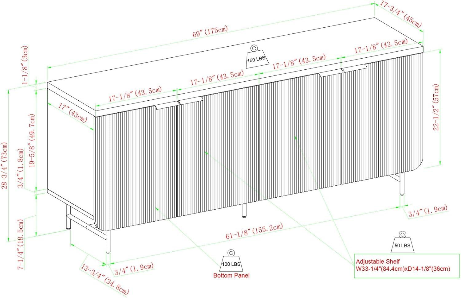 imageWalker Edison Reema Fluted 4Door Kitchen Sideboard Buffet Console 69 Inch Coastal OakGold dark Walnut