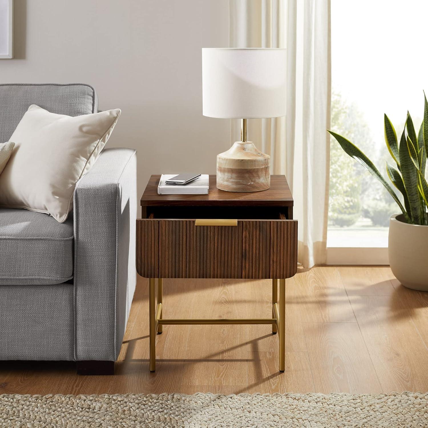 imageWalker Edison Reema Fluted Drawer Side Table 18 Inch Coastal OakDark Walnut