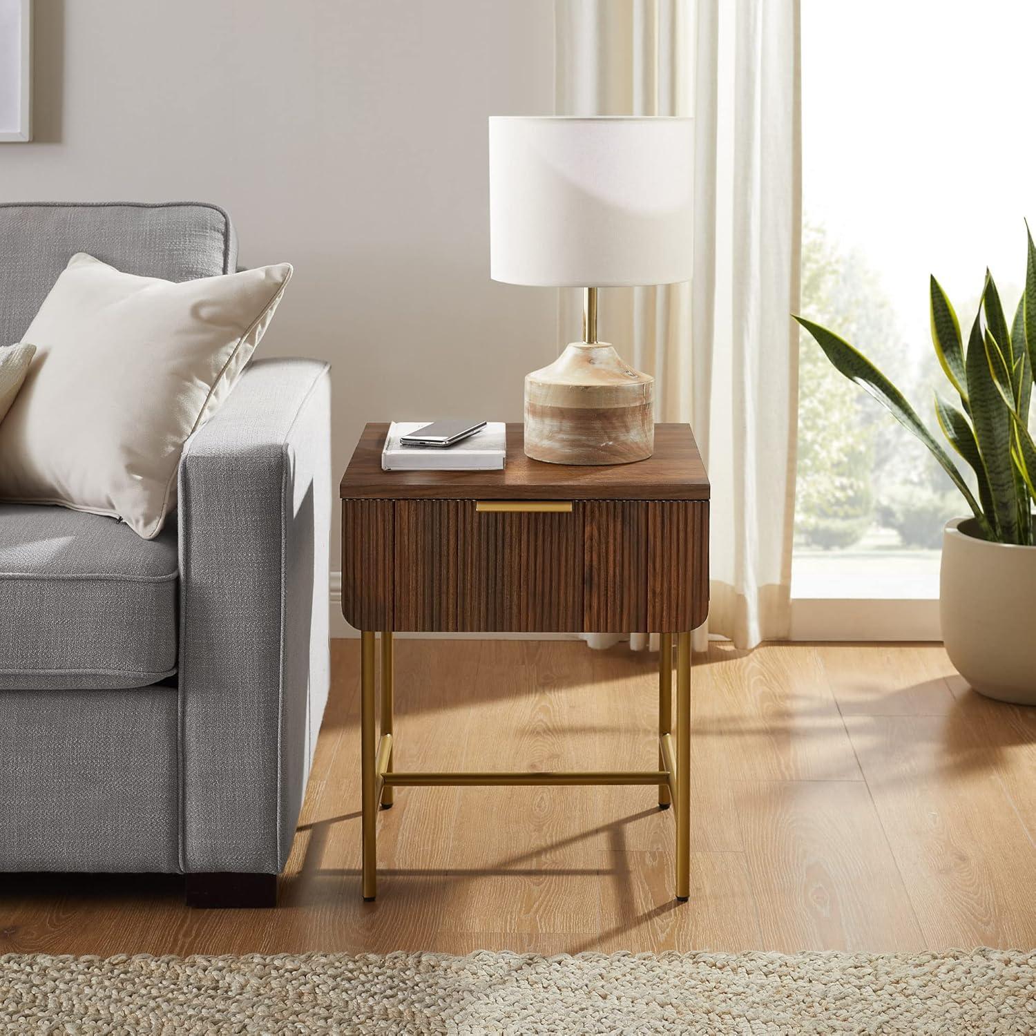 imageWalker Edison Reema Fluted Drawer Side Table 18 Inch Coastal OakDark Walnut