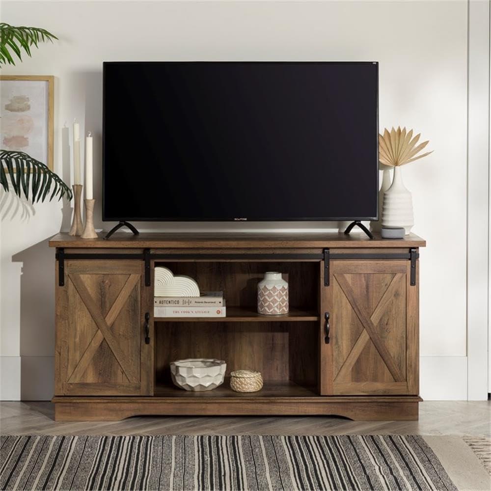 imageWalker Edison Richmond Modern Farmhouse Sliding Barn Door Stand for TVs up to 65 Inches Without Fireplace Rustic OakRustic Oak
