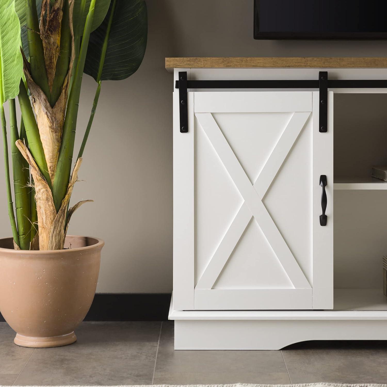 imageWalker Edison Richmond Modern Farmhouse Sliding Barn Door Stand for TVs up to 65 Inches Without Fireplace Rustic OakWhite and Rustic Oak