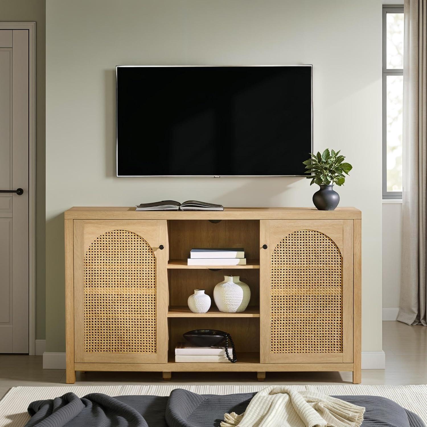 imageWalker Edison Sasha 4Door Reeded Sideboard Buffet with Cord Management 70 Inch Coastal OakCoastal Oak