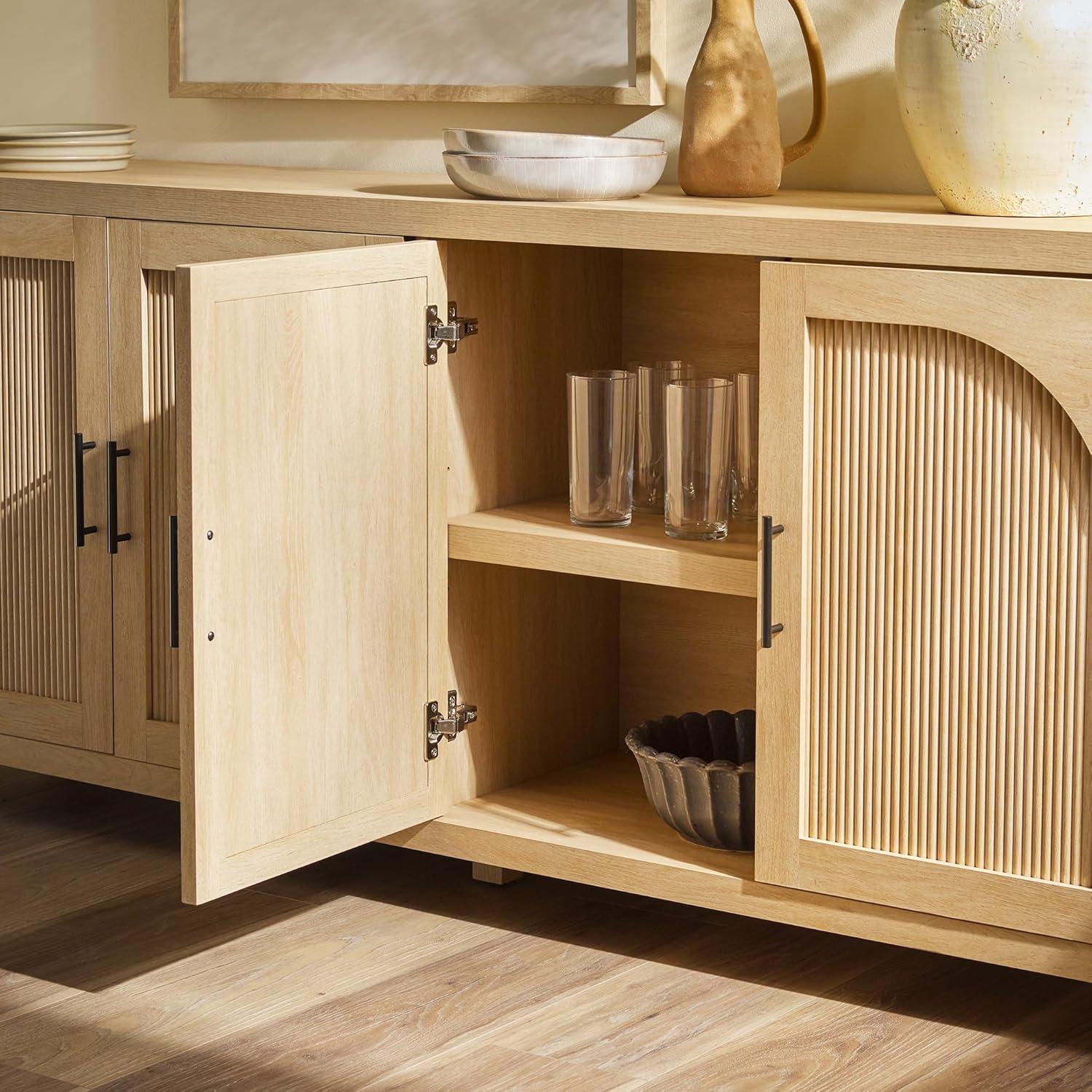 imageWalker Edison Sasha 4Door Reeded Sideboard Buffet with Cord Management 70 Inch Coastal OakCoastal Oak