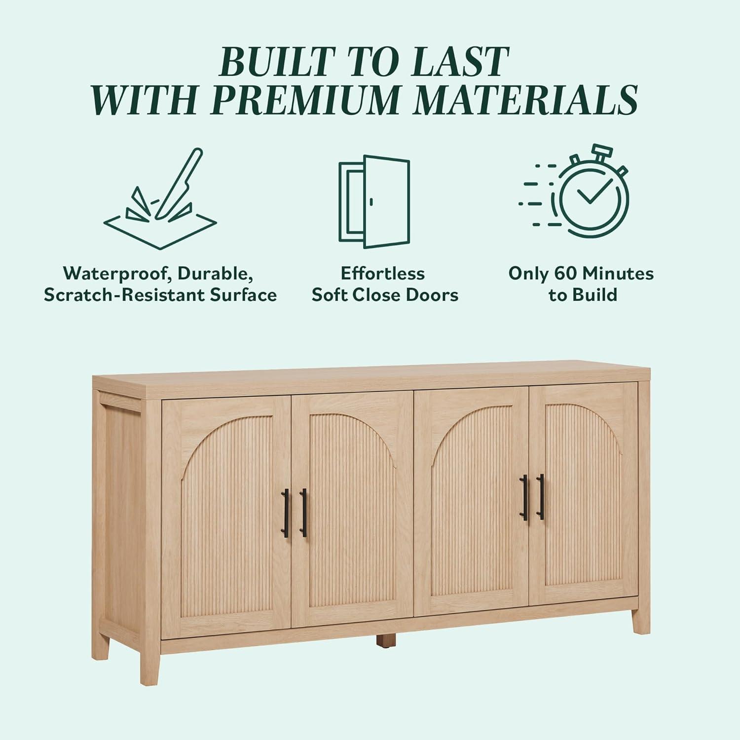 imageWalker Edison Sasha 4Door Reeded Sideboard Buffet with Cord Management 70 Inch Coastal OakCoastal Oak