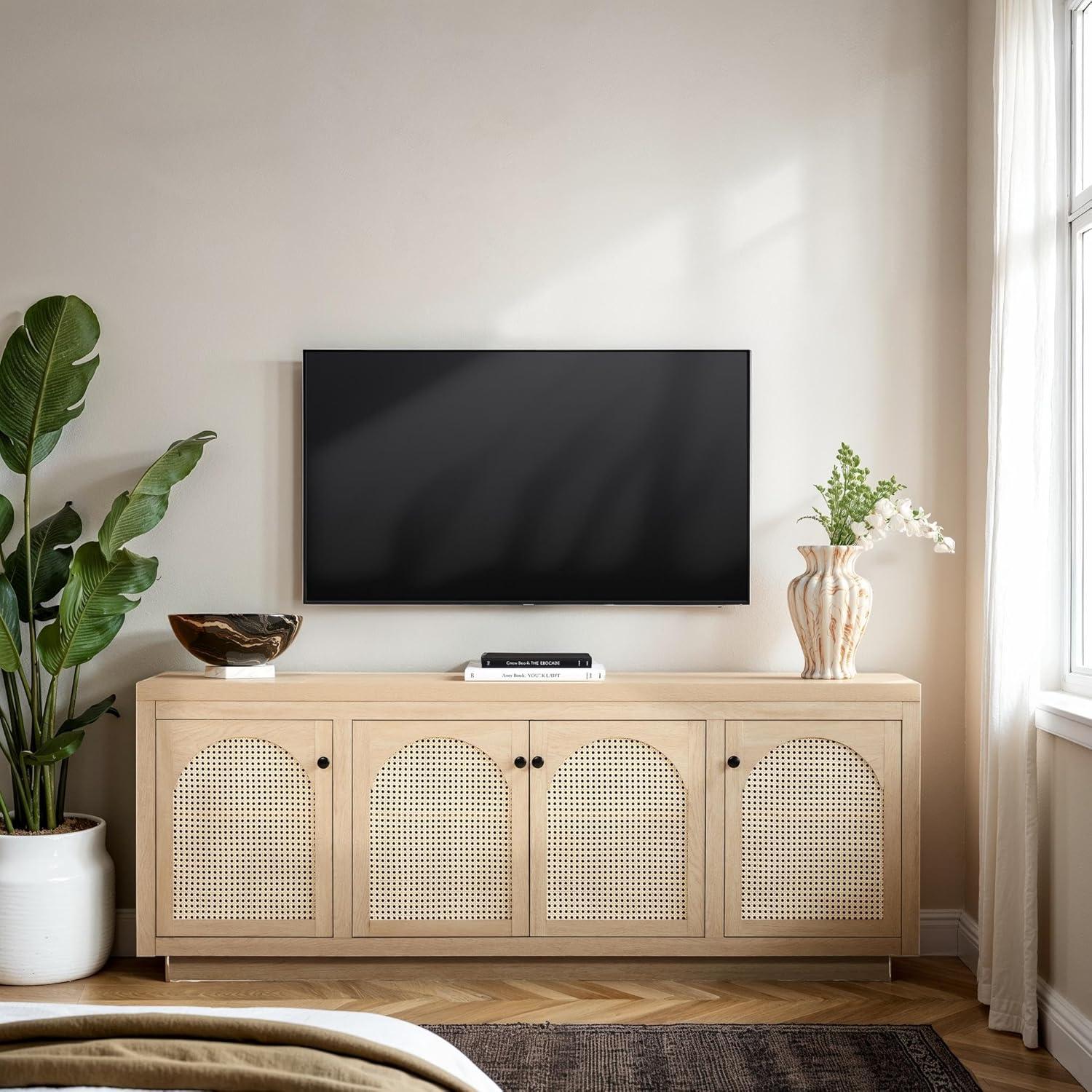 imageWalker Edison Sasha 4Door Reeded Sideboard Buffet with Cord Management 70 Inch Coastal OakCoastal Oak