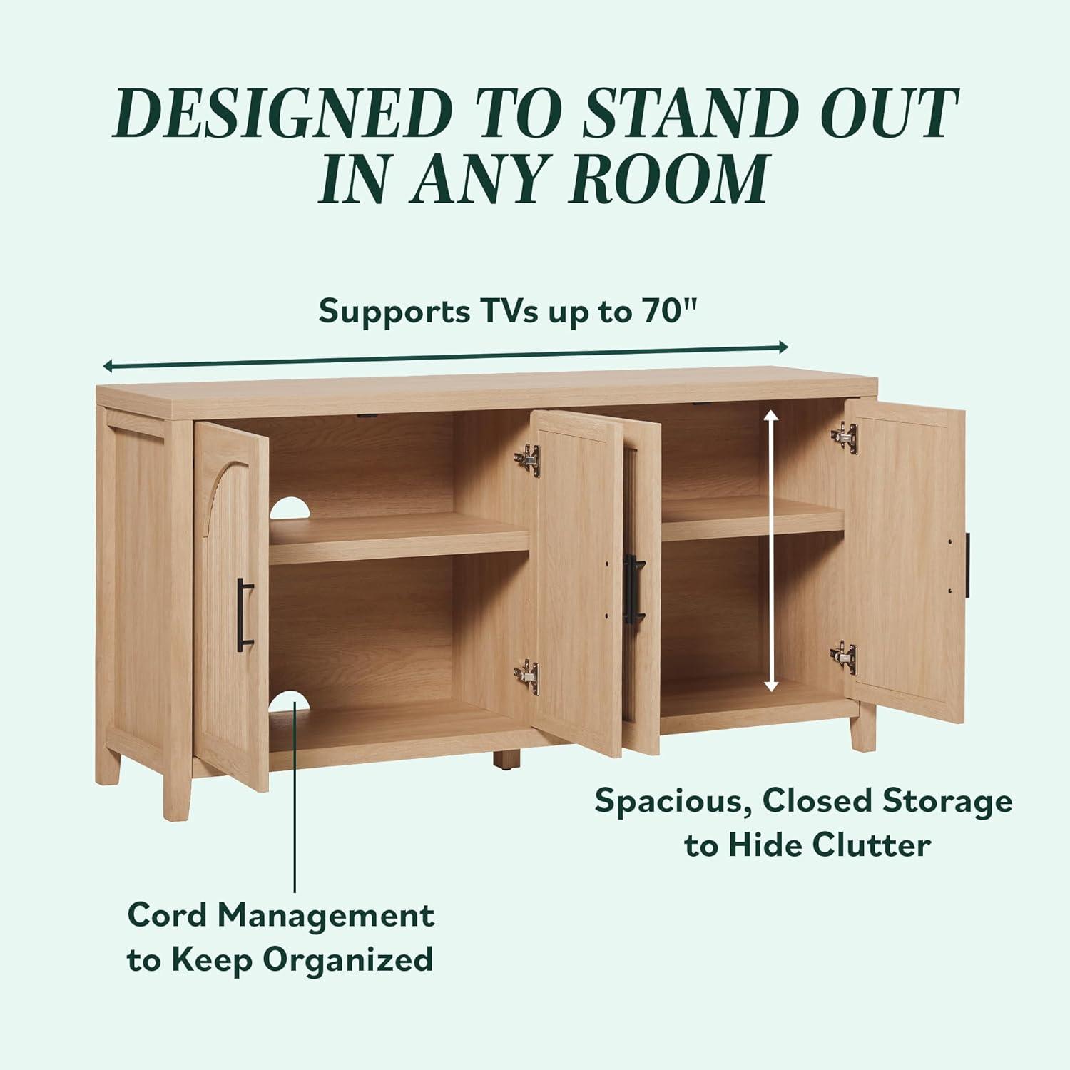 imageWalker Edison Sasha 4Door Reeded Sideboard Buffet with Cord Management 70 Inch Coastal OakCoastal Oak