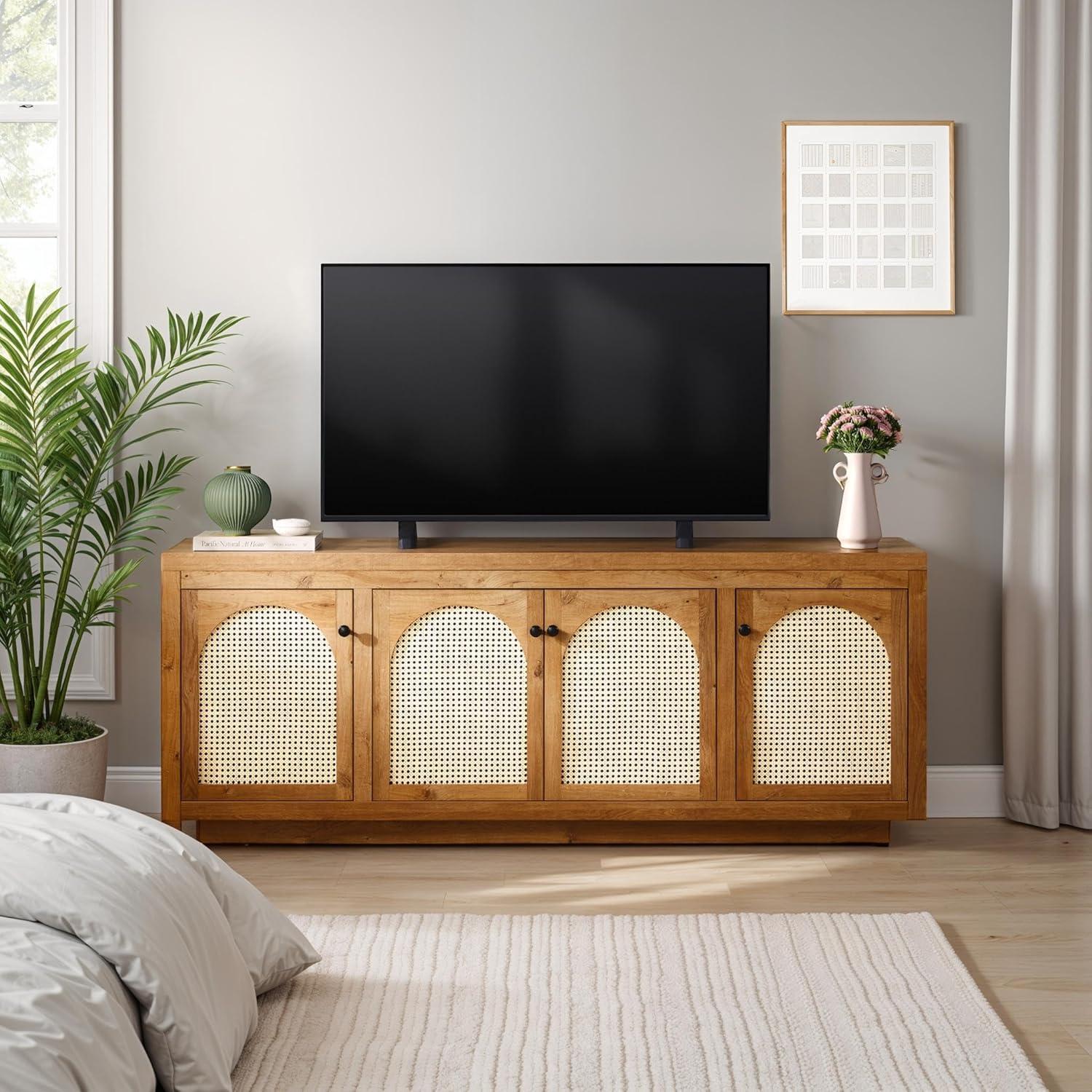 imageWalker Edison Sasha 4Door Reeded Sideboard Buffet with Cord Management 70 Inch Coastal OakEnglish Oak