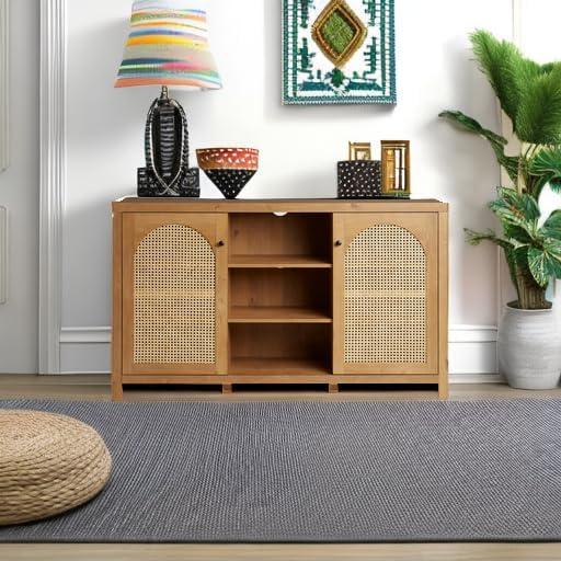 imageWalker Edison Sasha 4Door Reeded Sideboard Buffet with Cord Management 70 Inch Coastal OakEnglish Oak