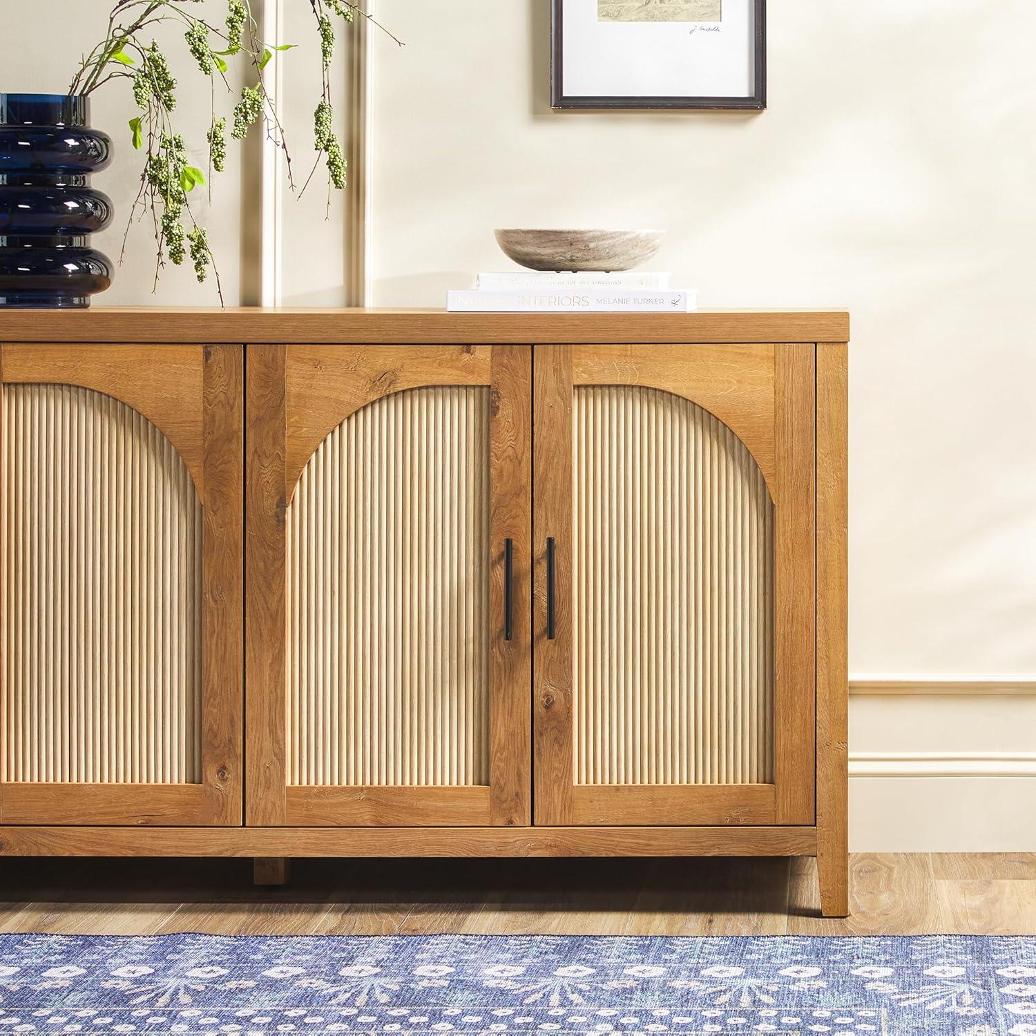 imageWalker Edison Sasha 4Door Reeded Sideboard Buffet with Cord Management 70 Inch Coastal OakEnglish Oak