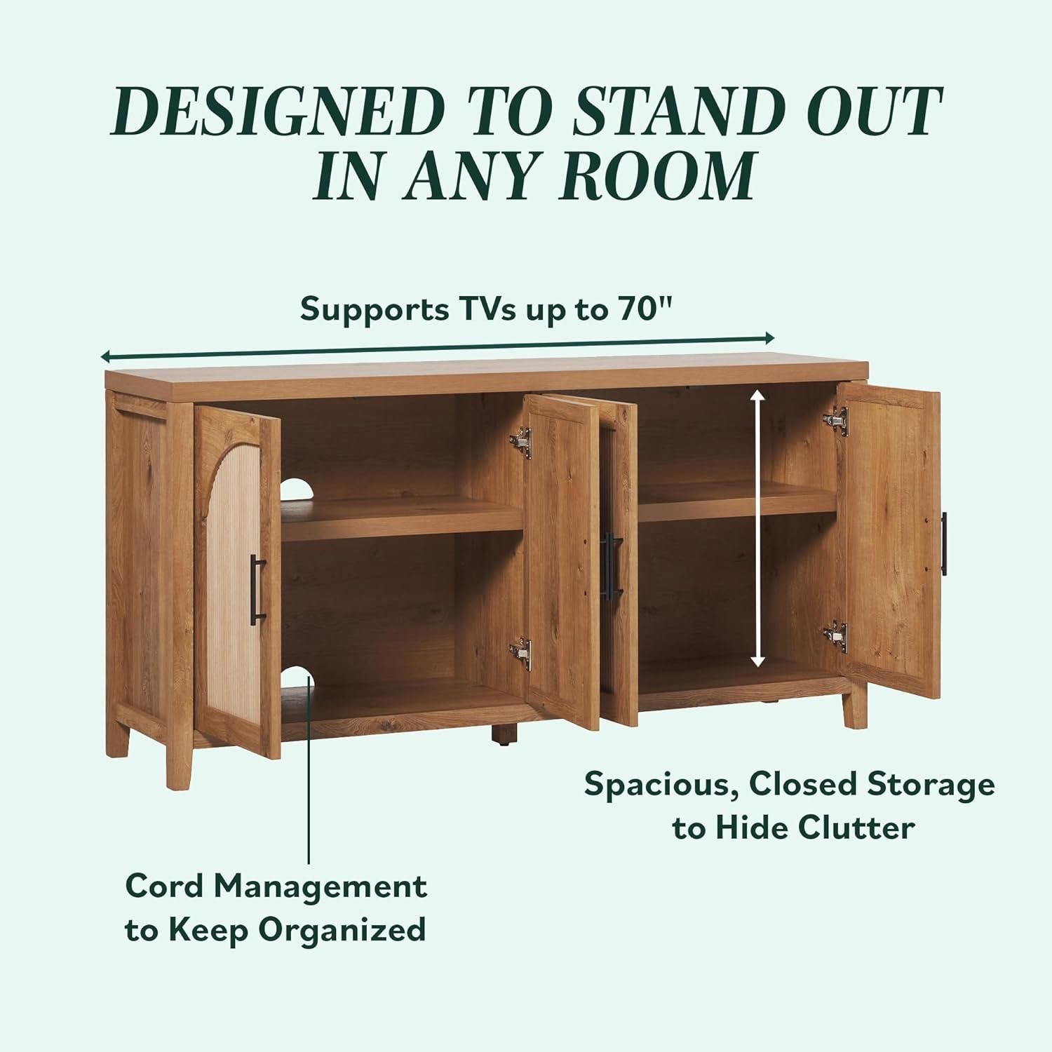 imageWalker Edison Sasha 4Door Reeded Sideboard Buffet with Cord Management 70 Inch Coastal OakEnglish Oak