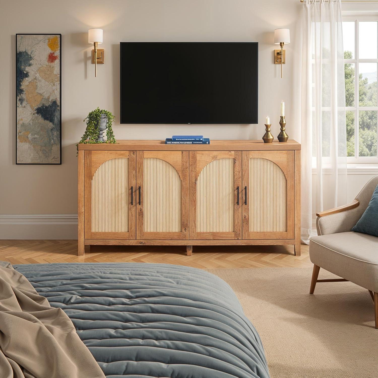 imageWalker Edison Sasha 4Door Reeded Sideboard Buffet with Cord Management 70 Inch Coastal OakEnglish Oak