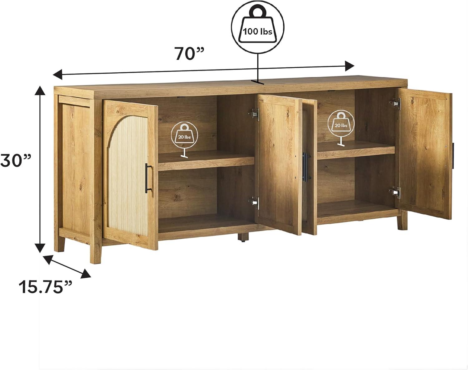 imageWalker Edison Sasha 4Door Reeded Sideboard Buffet with Cord Management 70 Inch Coastal OakEnglish Oak