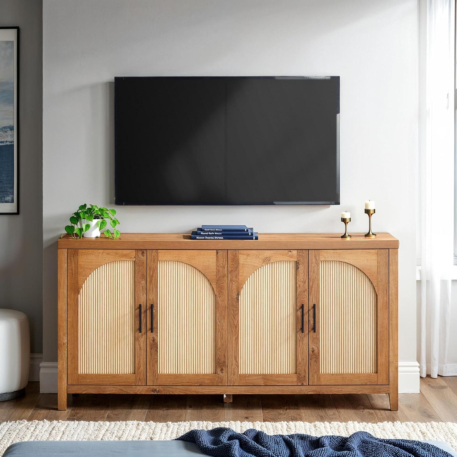 imageWalker Edison Sasha 4Door Reeded Sideboard Buffet with Cord Management 70 Inch Coastal OakEnglish Oak