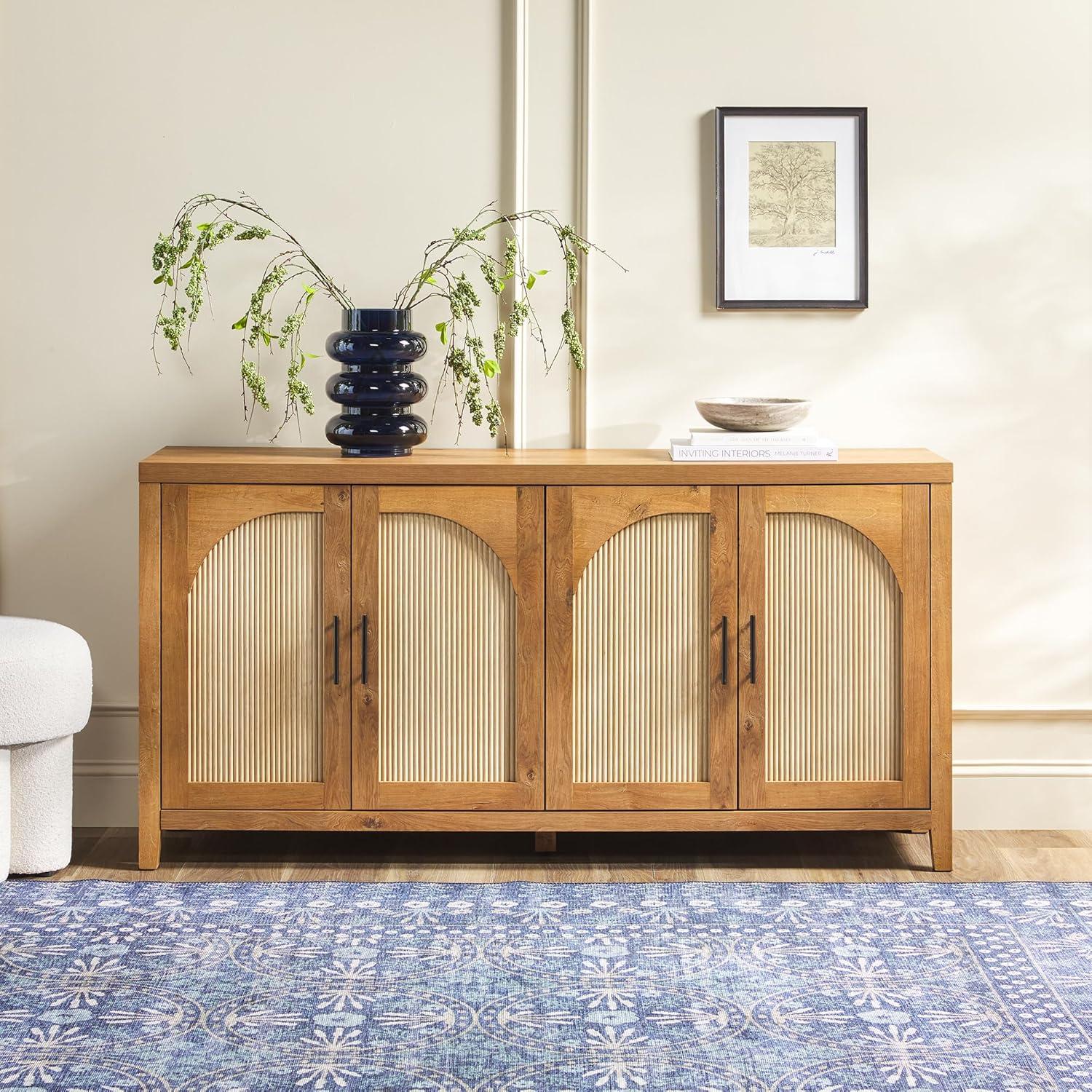 imageWalker Edison Sasha 4Door Reeded Sideboard Buffet with Cord Management 70 Inch Coastal OakEnglish Oak