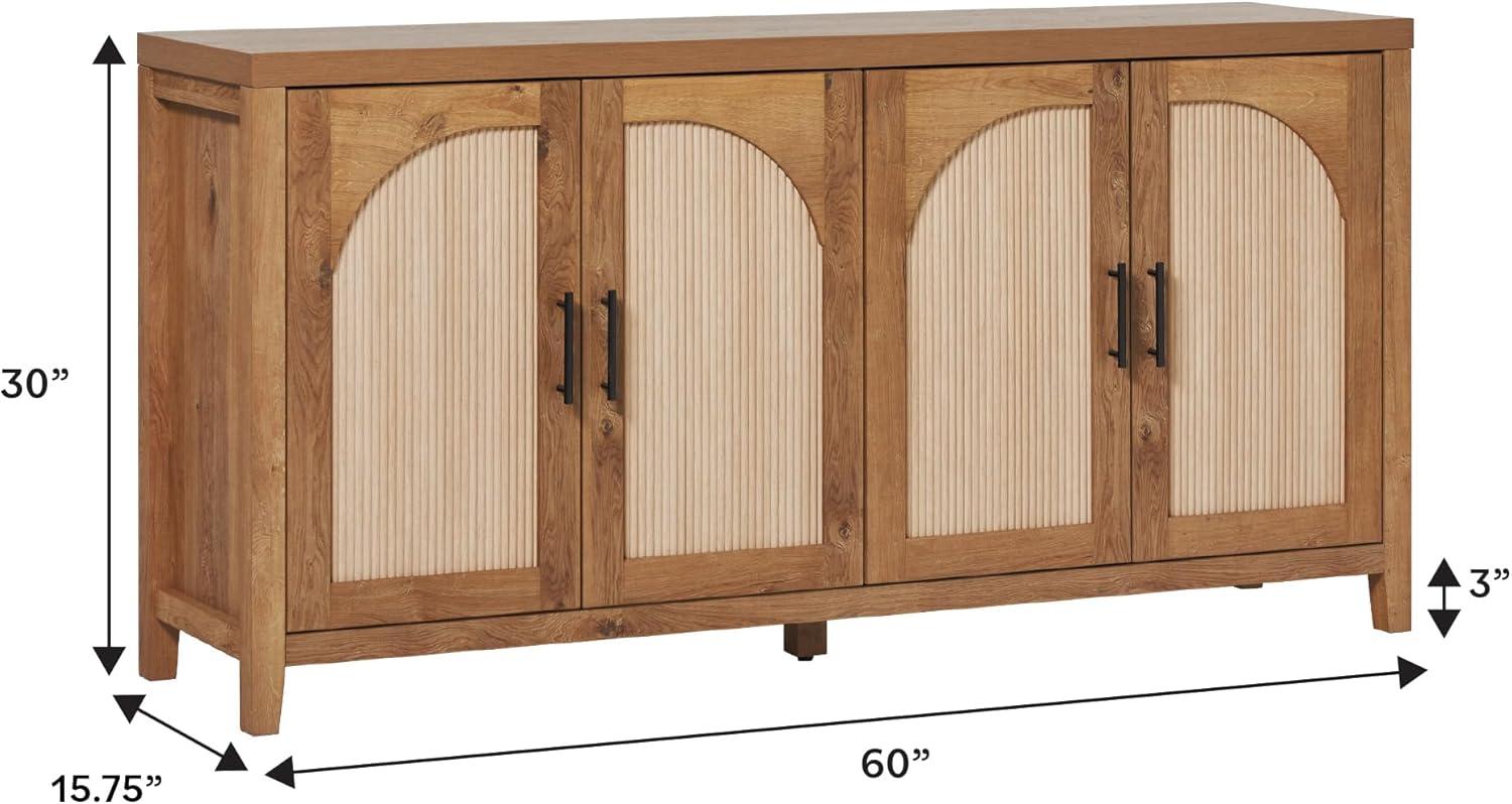 imageWalker Edison Sasha 4Door Reeded Sideboard Buffet with Cord Management 70 Inch Coastal OakEnglish Oak