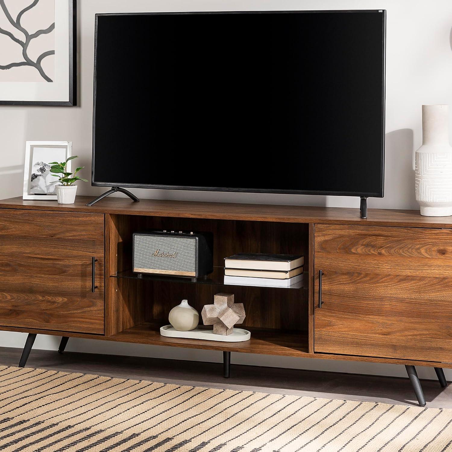 imageWalker Edison Saxon Mid Century Modern 2 Door Glass Shelf TV Stand for TVs up to 80 Inches 70 Inch Dark WalnutDark Walnut