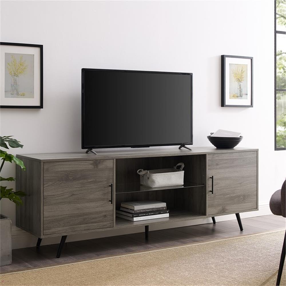 imageWalker Edison Saxon Mid Century Modern 2 Door Glass Shelf TV Stand for TVs up to 80 Inches 70 Inch Dark WalnutGrey