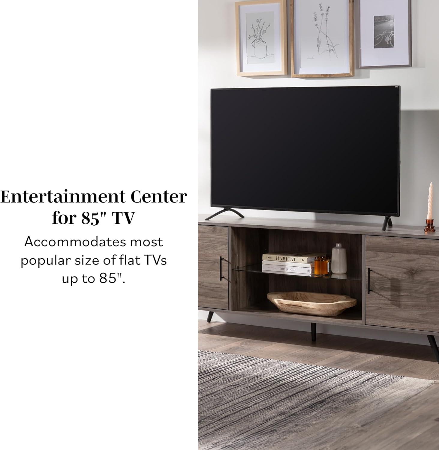 imageWalker Edison Saxon Mid Century Modern 2 Door Glass Shelf TV Stand for TVs up to 80 Inches 70 Inch Dark WalnutGrey