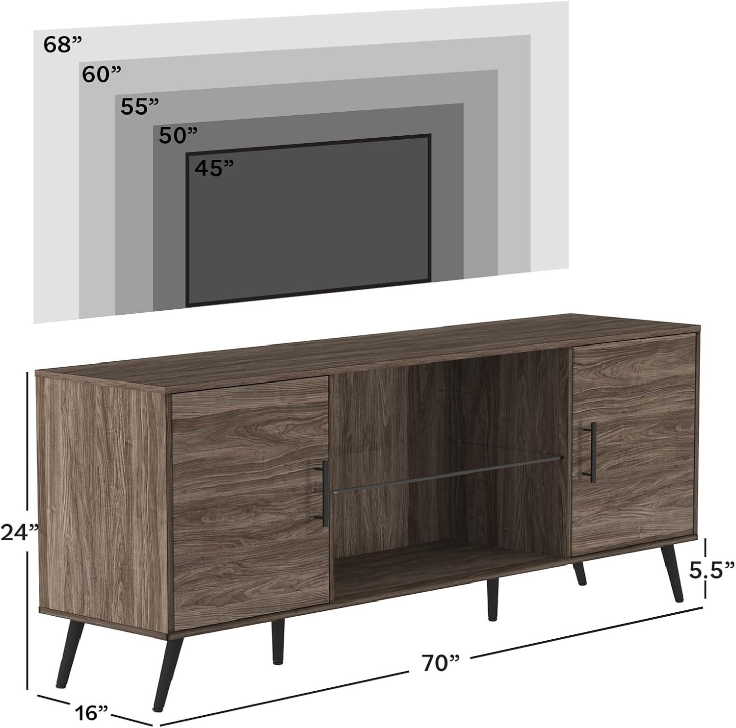 imageWalker Edison Saxon Mid Century Modern Glass Shelf TV Stand for TVs up to 65 Inches 60 Inch WalnutSlate Grey