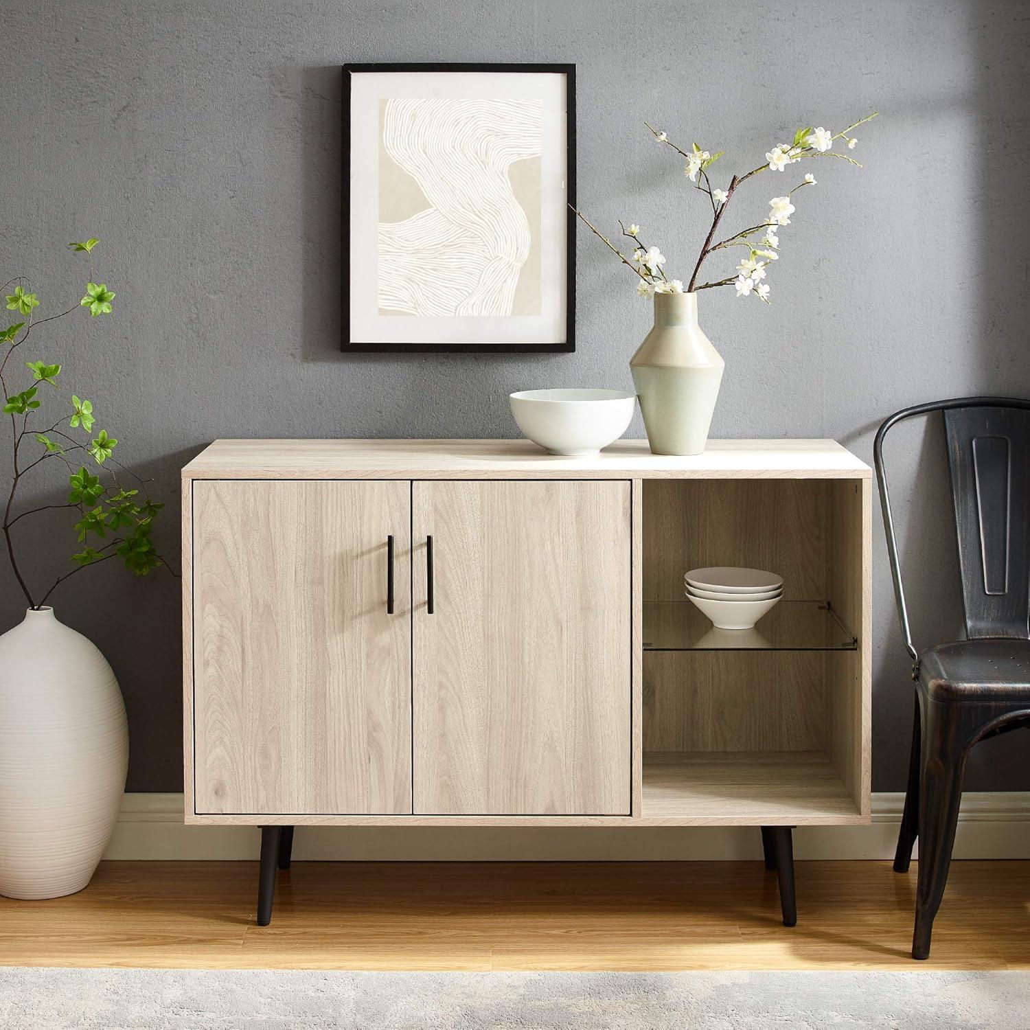 imageWalker Edison Saxon Modern Glass Shelf TV Stand for TVs up to 58 Inches 52 Inch Dark WalnutBirch