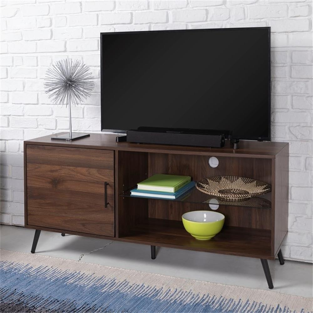 imageWalker Edison Saxon Modern Glass Shelf TV Stand for TVs up to 58 Inches 52 Inch Dark WalnutDark Walnut