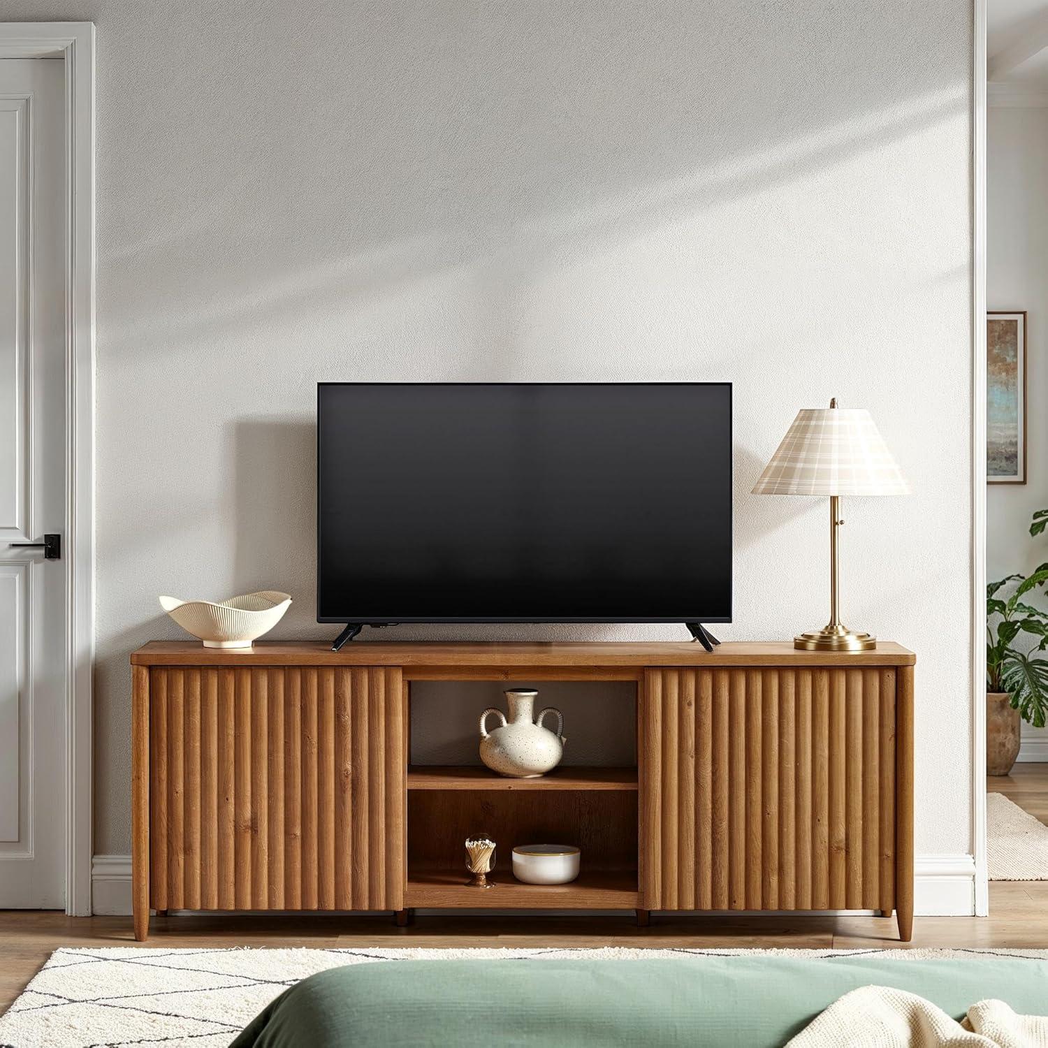 imageWalker Edison Scandinavian Reeded TV Stand with Storage for up to 70quot TV Coastal OakEnglish Oak