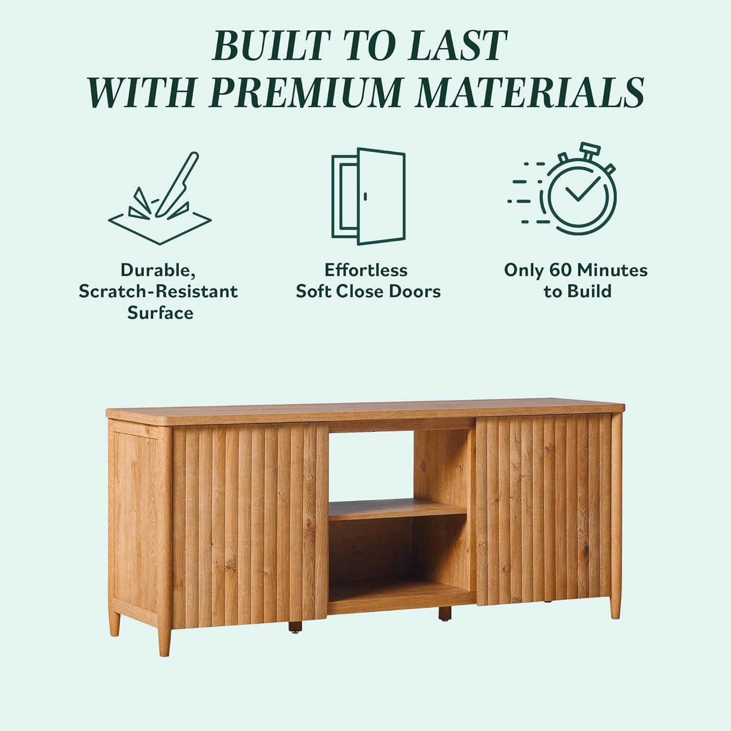 imageWalker Edison Scandinavian Reeded TV Stand with Storage for up to 70quot TV Coastal OakEnglish Oak