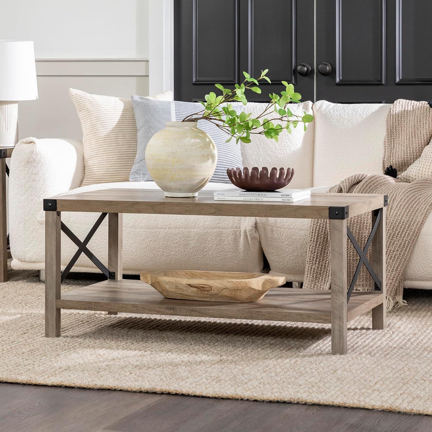 imageWalker Edison Sedalia Modern Farmhouse Metal X Coffee Table 40 Inch Stone GreyGrey Wash