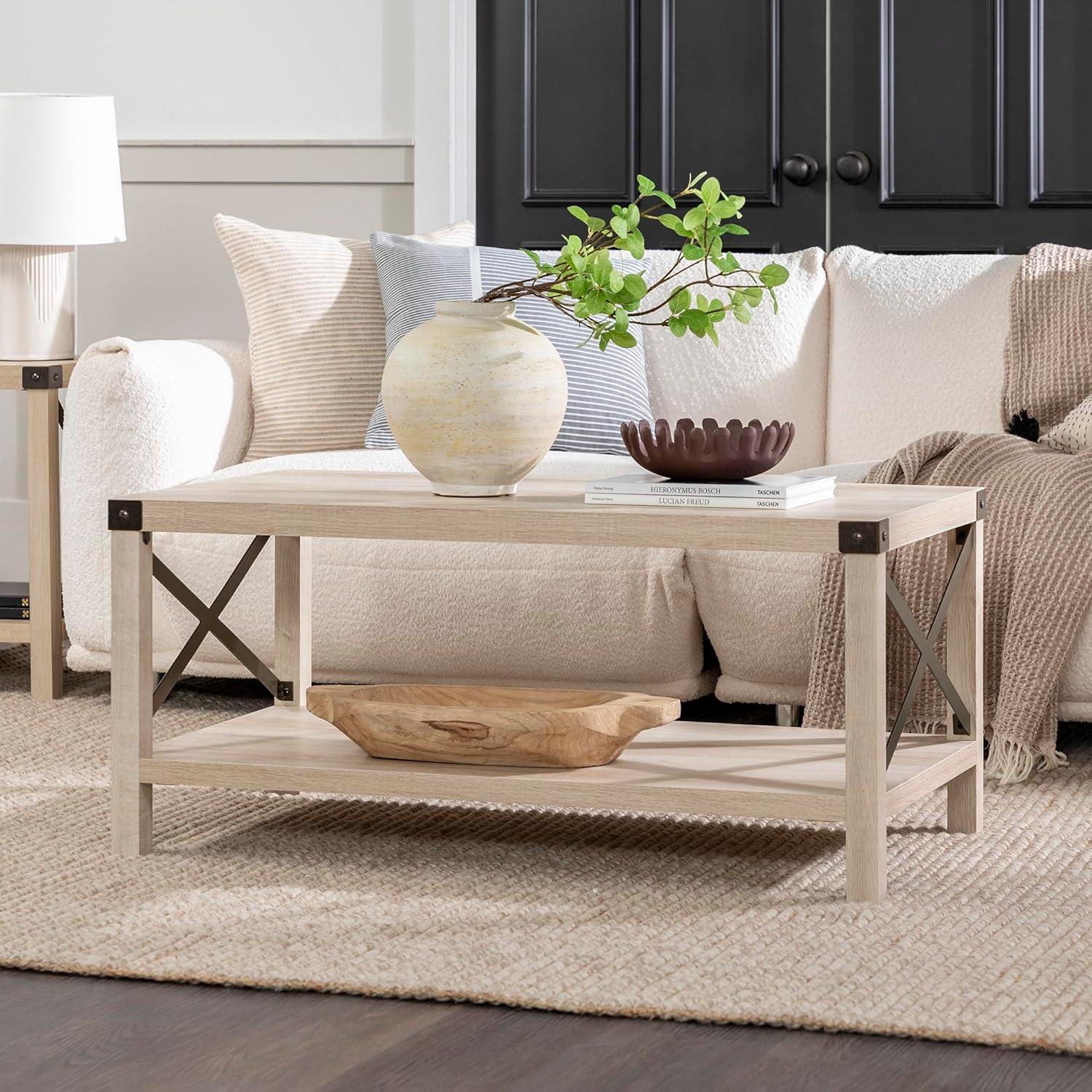 imageWalker Edison Sedalia Modern Farmhouse Metal X Coffee Table 40 Inch Stone GreyWhite Oak