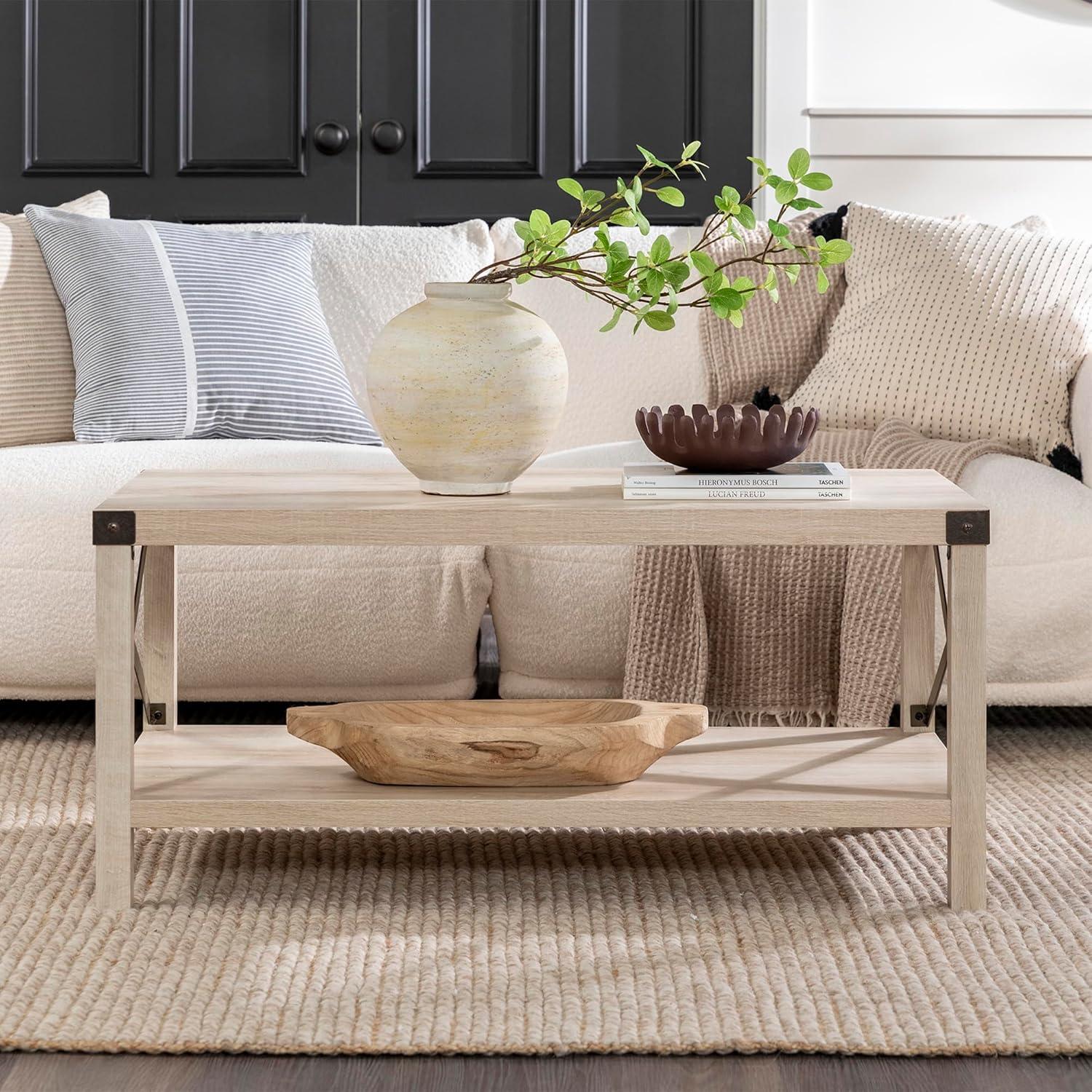 imageWalker Edison Sedalia Modern Farmhouse Metal X Coffee Table 40 Inch Stone GreyWhite Oak