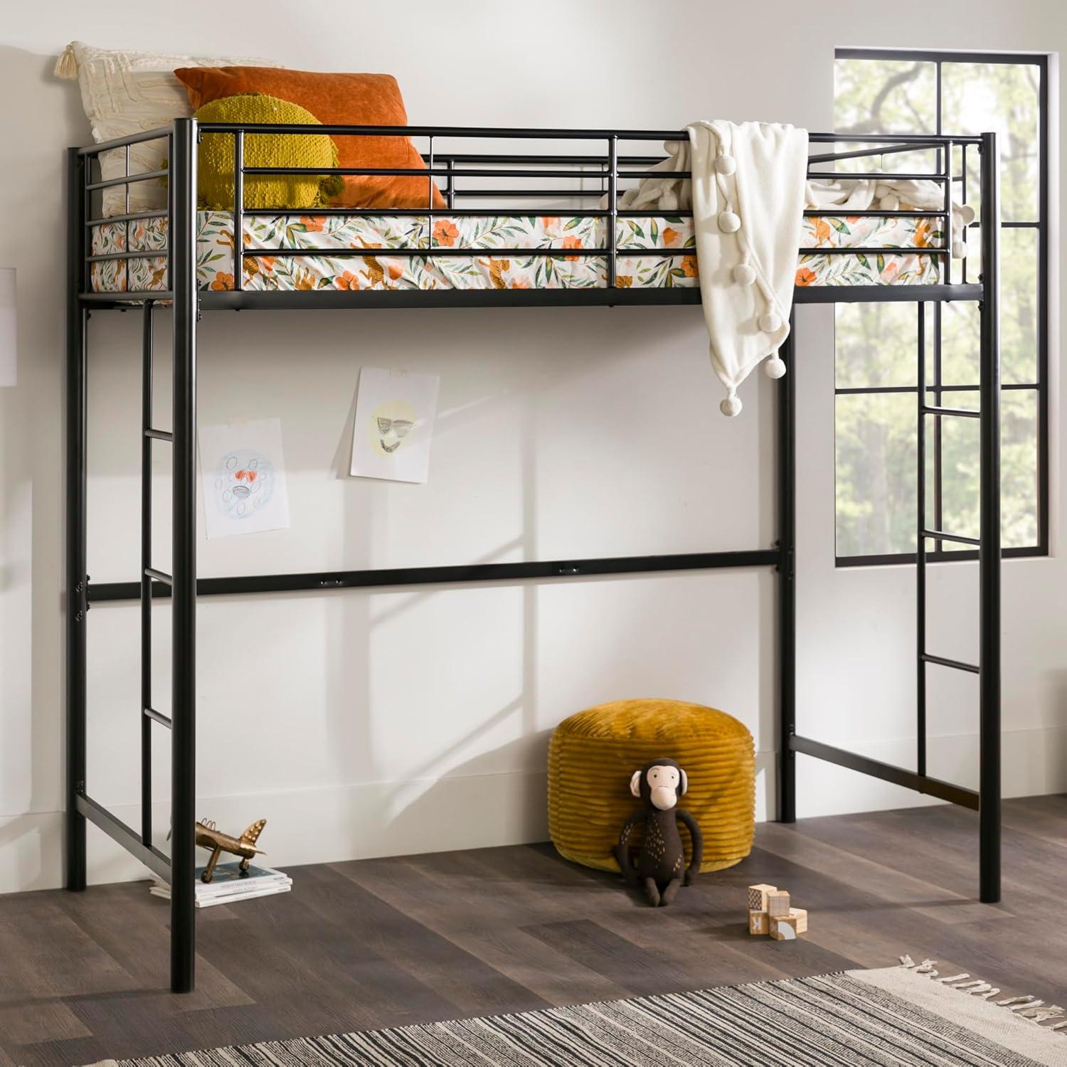 imageWalker Edison Silver Metal Twin over Loft Bunk Bed Twin Size Bedframe with LadderBlack