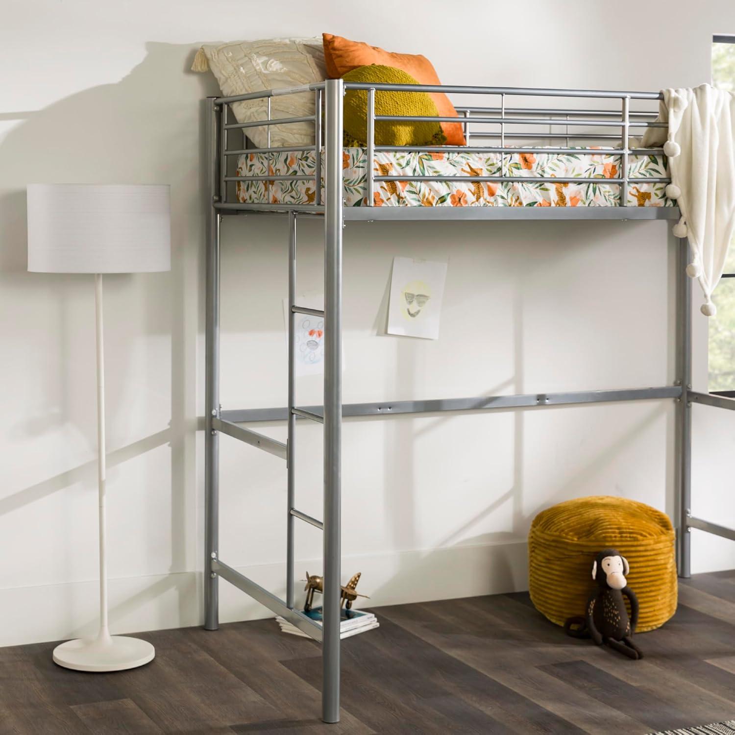 imageWalker Edison Silver Metal Twin over Loft Bunk Bed Twin Size Bedframe with LadderSilver