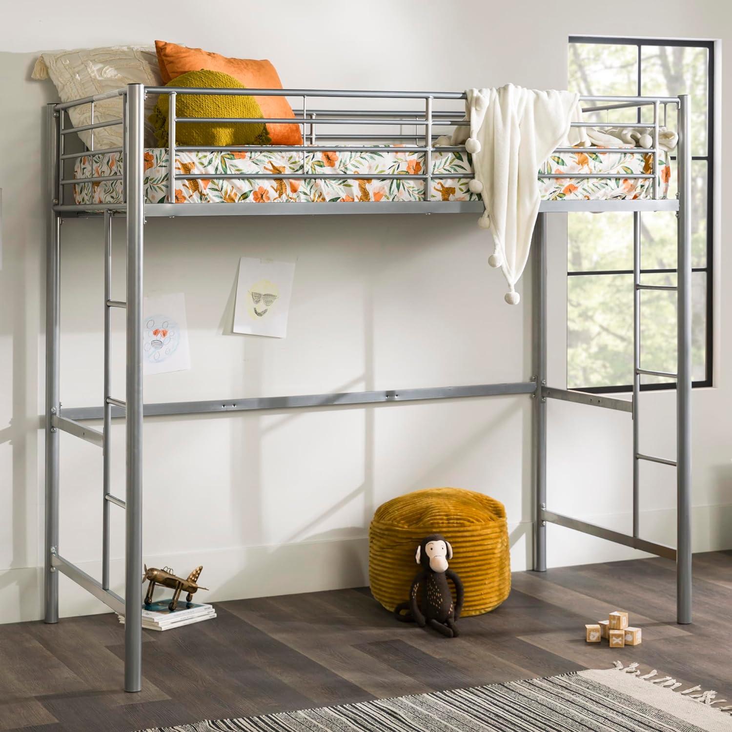 imageWalker Edison Silver Metal Twin over Loft Bunk Bed Twin Size Bedframe with LadderSilver