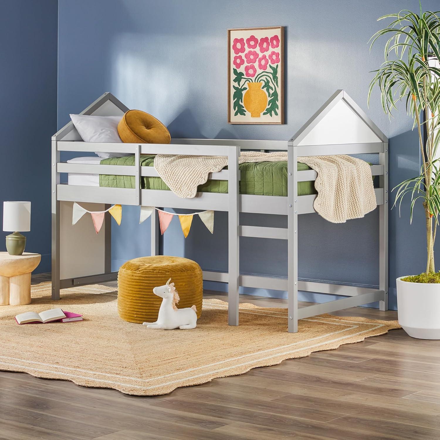 imageWalker Edison Skylar Kids Twin Low Loft Bed with Rails Solid Wood No Box Spring Required GreyGrey