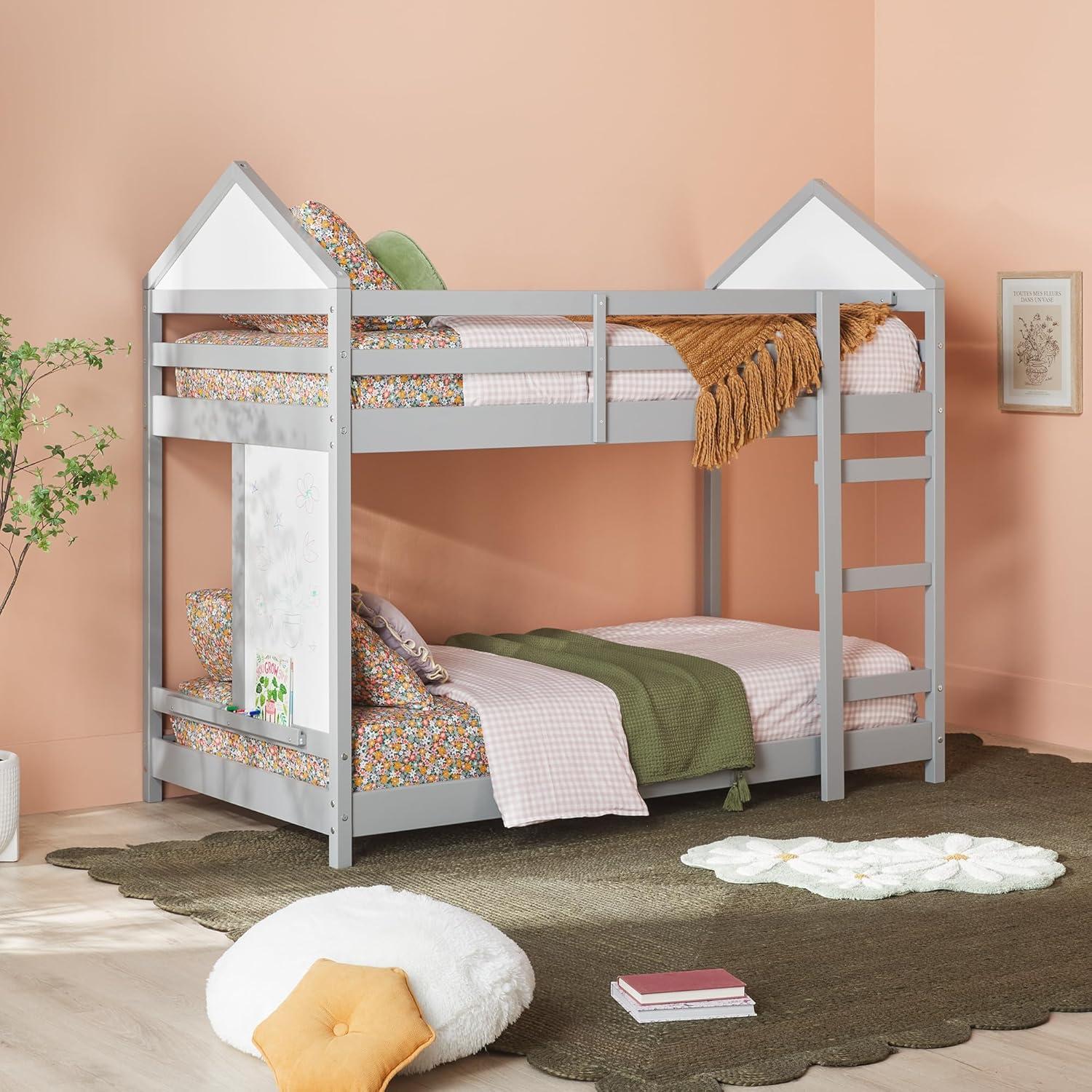 imageWalker Edison Skylar Kids Twin Over Twin Solid Wood Bunk Bed Builtin Ladder No Box Spring Required Natural PineGrey