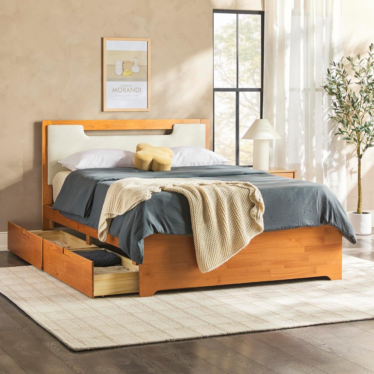 imageWalker Edison Sloane Upholstered ampamp Solid Wood Bed with Storage Drawers Queen WalnutCaramel