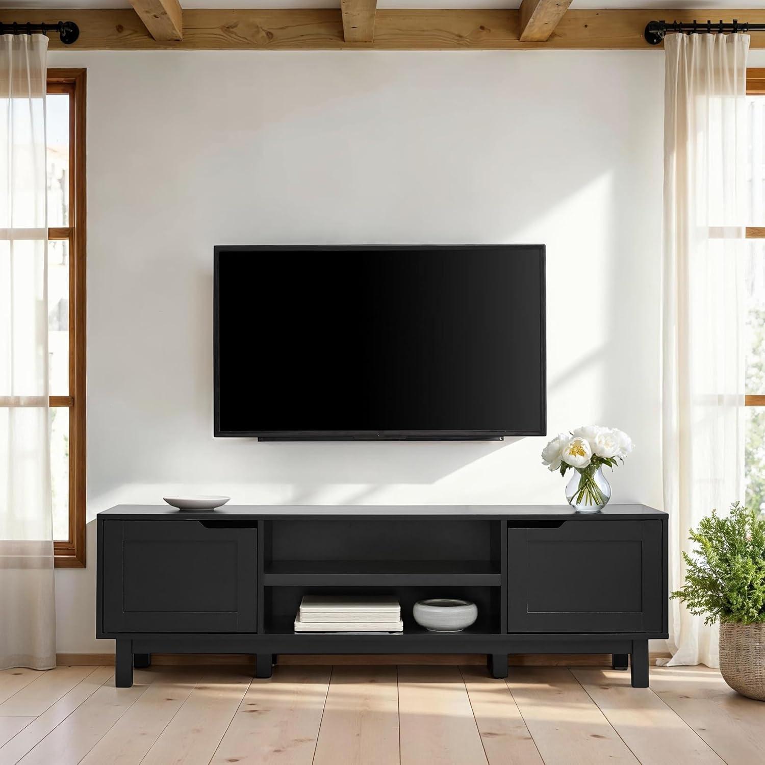 imageWalker Edison Tage Modern PullOpen Door Low TV Stand for TVs up to 65 Inches 58 Inch Solid BlackSolid Black